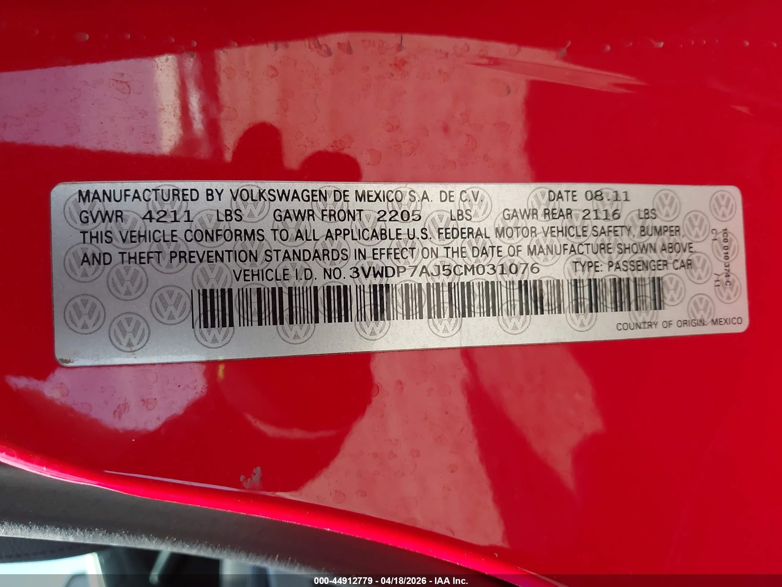 2012 Volkswagen Jetta 2.5l Se Красный vin: 3VWDP7AJ5CM031076
