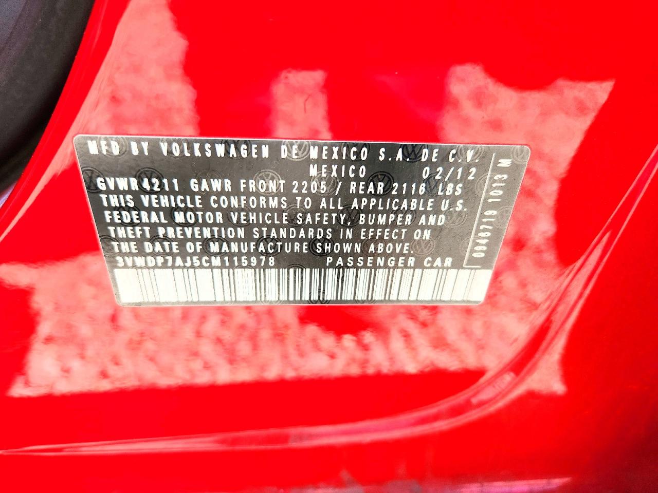 2012 Volkswagen Jetta Se Red vin: 3VWDP7AJ5CM115978