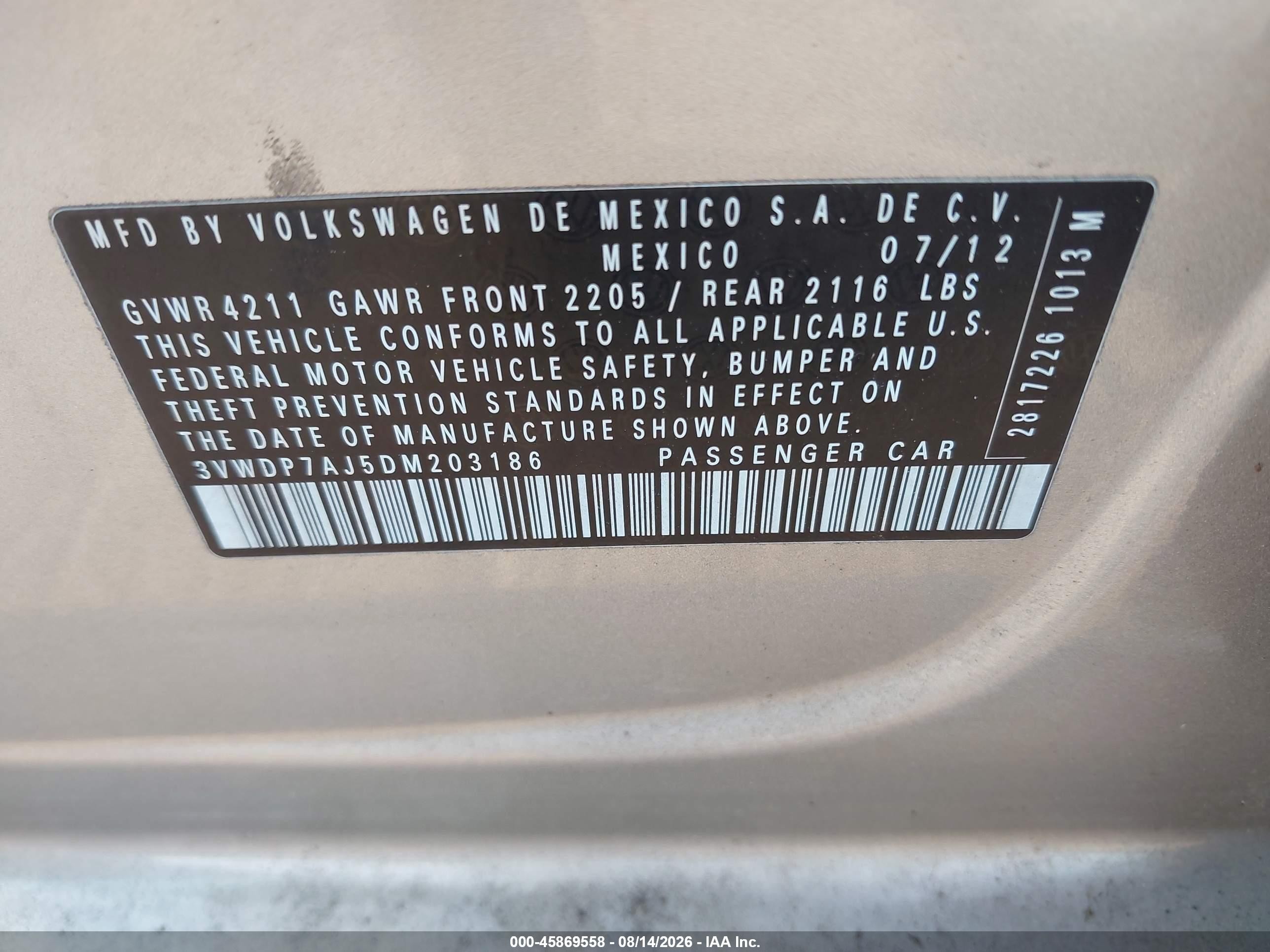 2013 Volkswagen Jetta 2.5l Se Gold vin: 3VWDP7AJ5DM203186