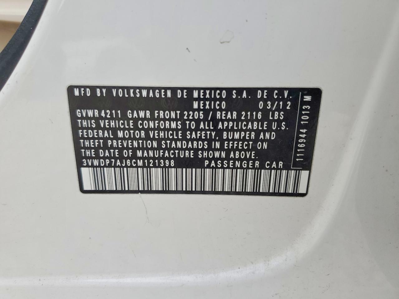 2012 Volkswagen Jetta Se White vin: 3VWDP7AJ6CM121398