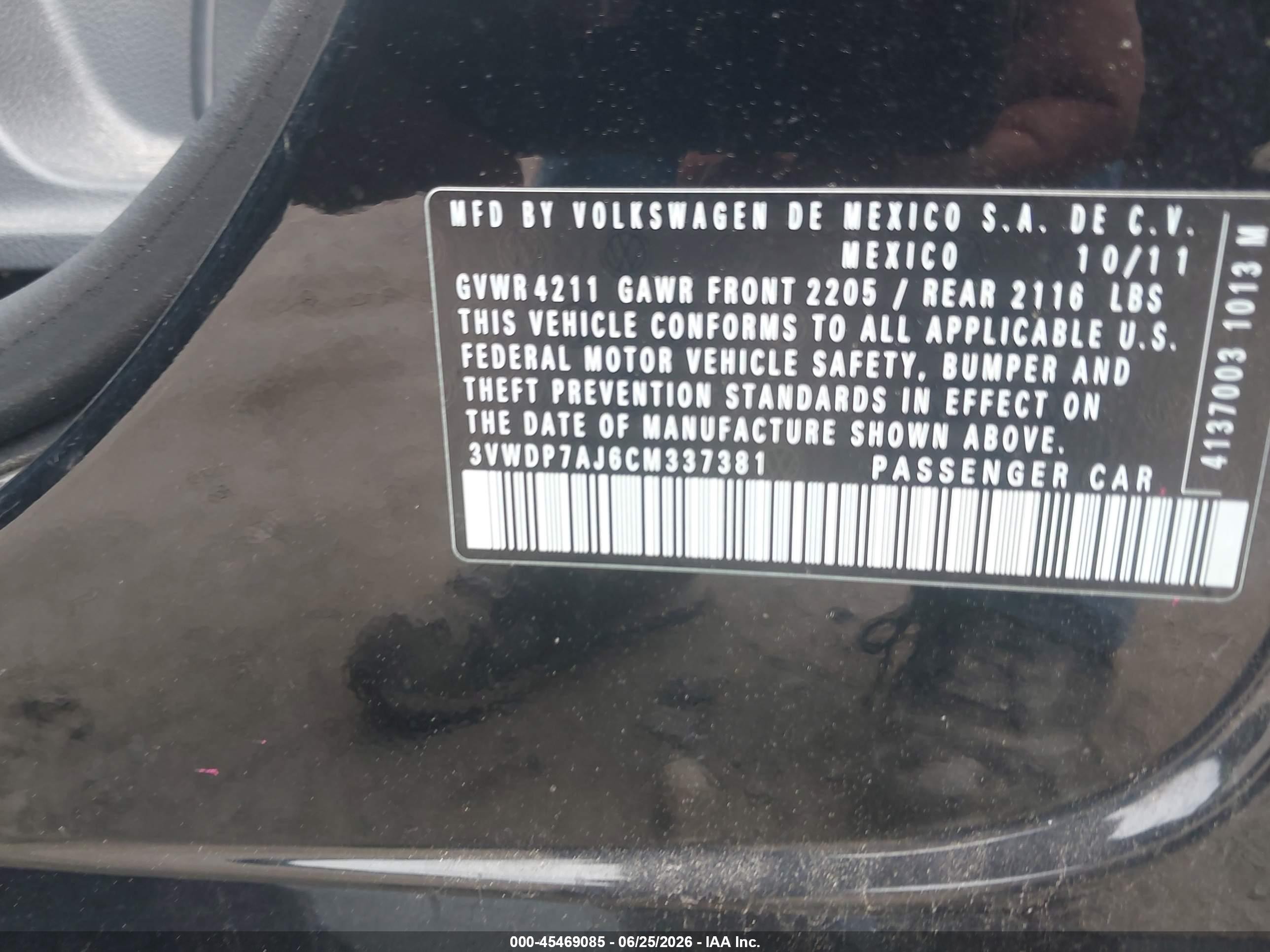 2012 Volkswagen Jetta 2.5l Se Black vin: 3VWDP7AJ6CM337381