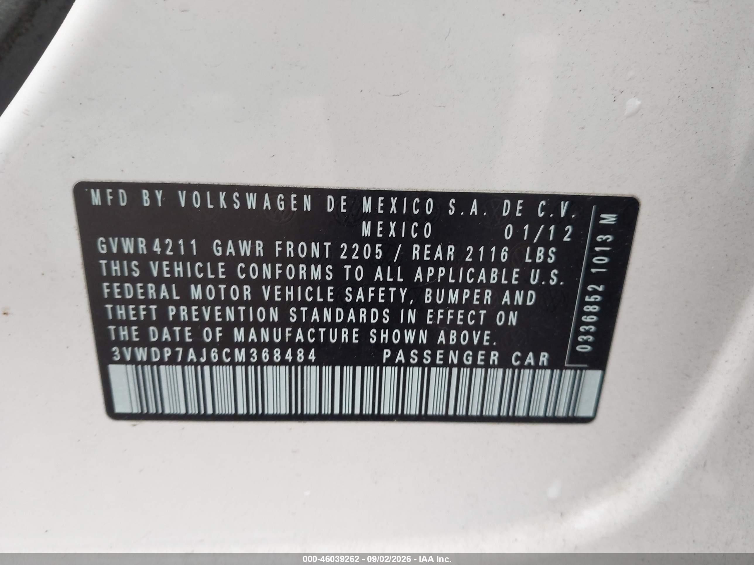 2012 Volkswagen Jetta 2.5l Se White vin: 3VWDP7AJ6CM368484