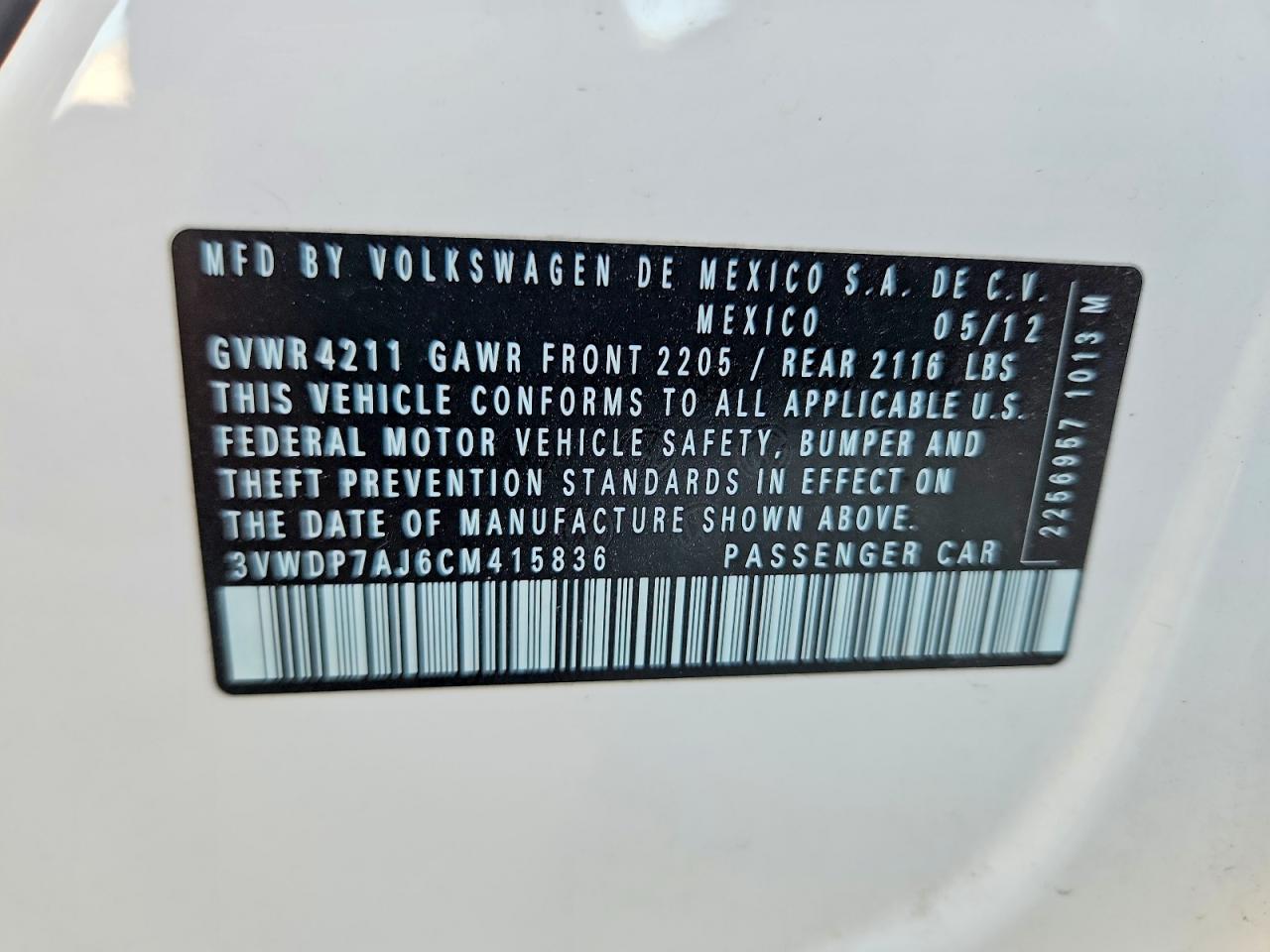 2012 Volkswagen Jetta Se White vin: 3VWDP7AJ6CM415836