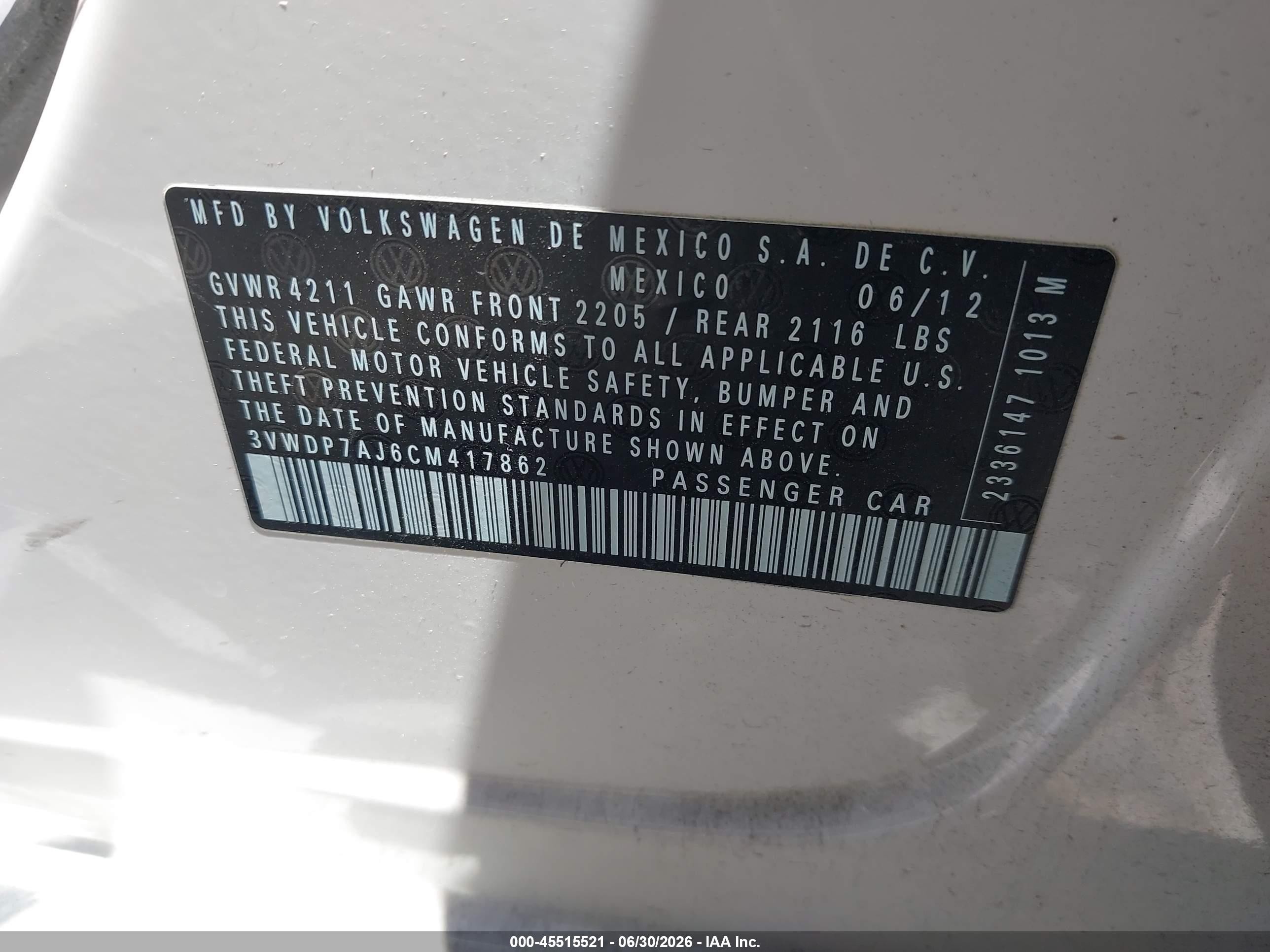 2012 Volkswagen Jetta 2.5l Se White vin: 3VWDP7AJ6CM417862
