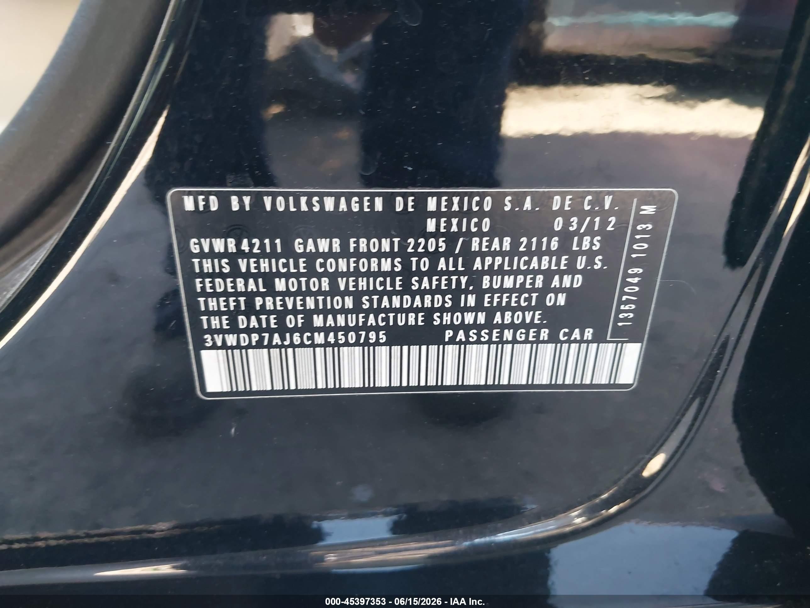 2012 Volkswagen Jetta 2.5l Se Black vin: 3VWDP7AJ6CM450795