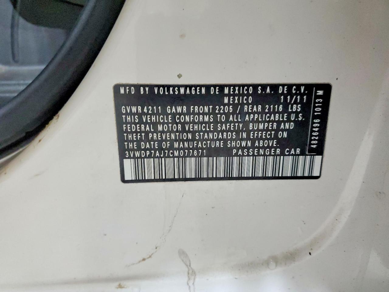 2012 Volkswagen Jetta Se White vin: 3VWDP7AJ7CM077671