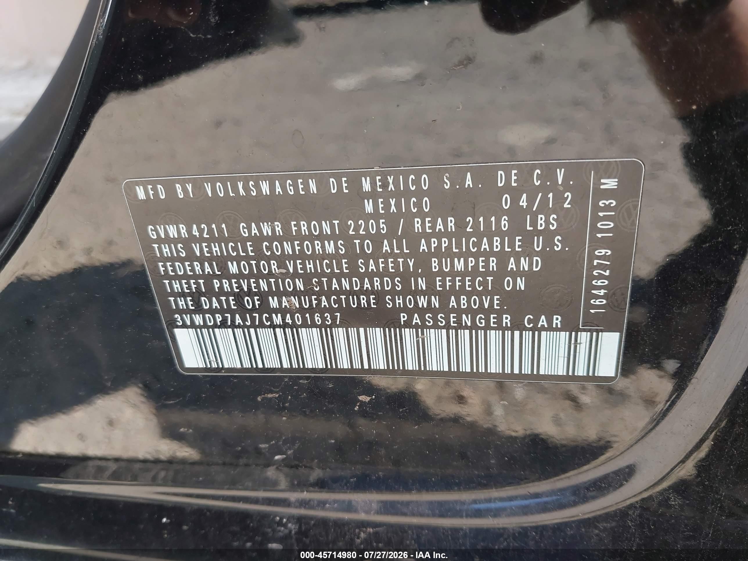 2012 Volkswagen Jetta 2.5l Se Black vin: 3VWDP7AJ7CM401637