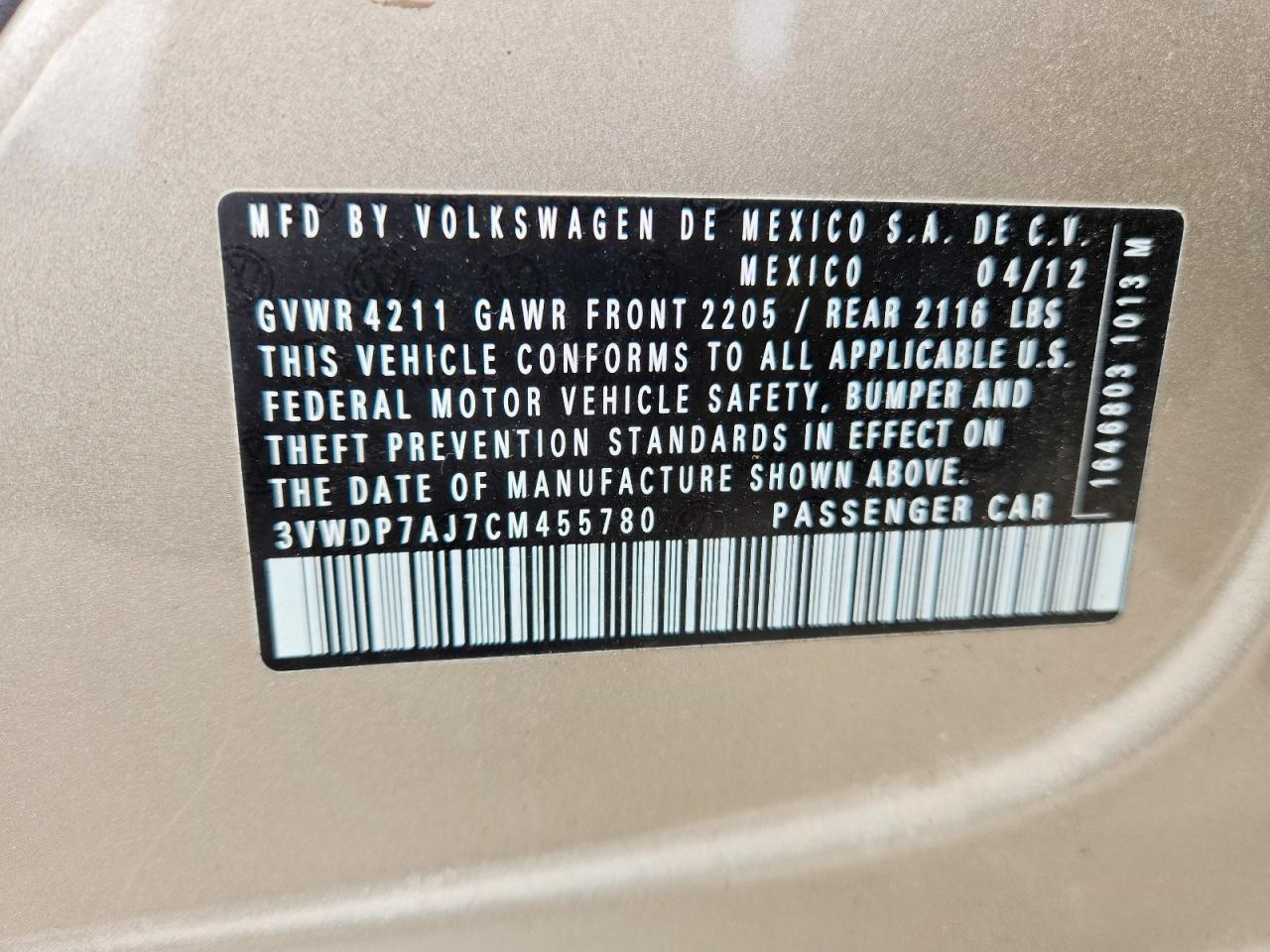 2012 Volkswagen Jetta Se Beige vin: 3VWDP7AJ7CM455780