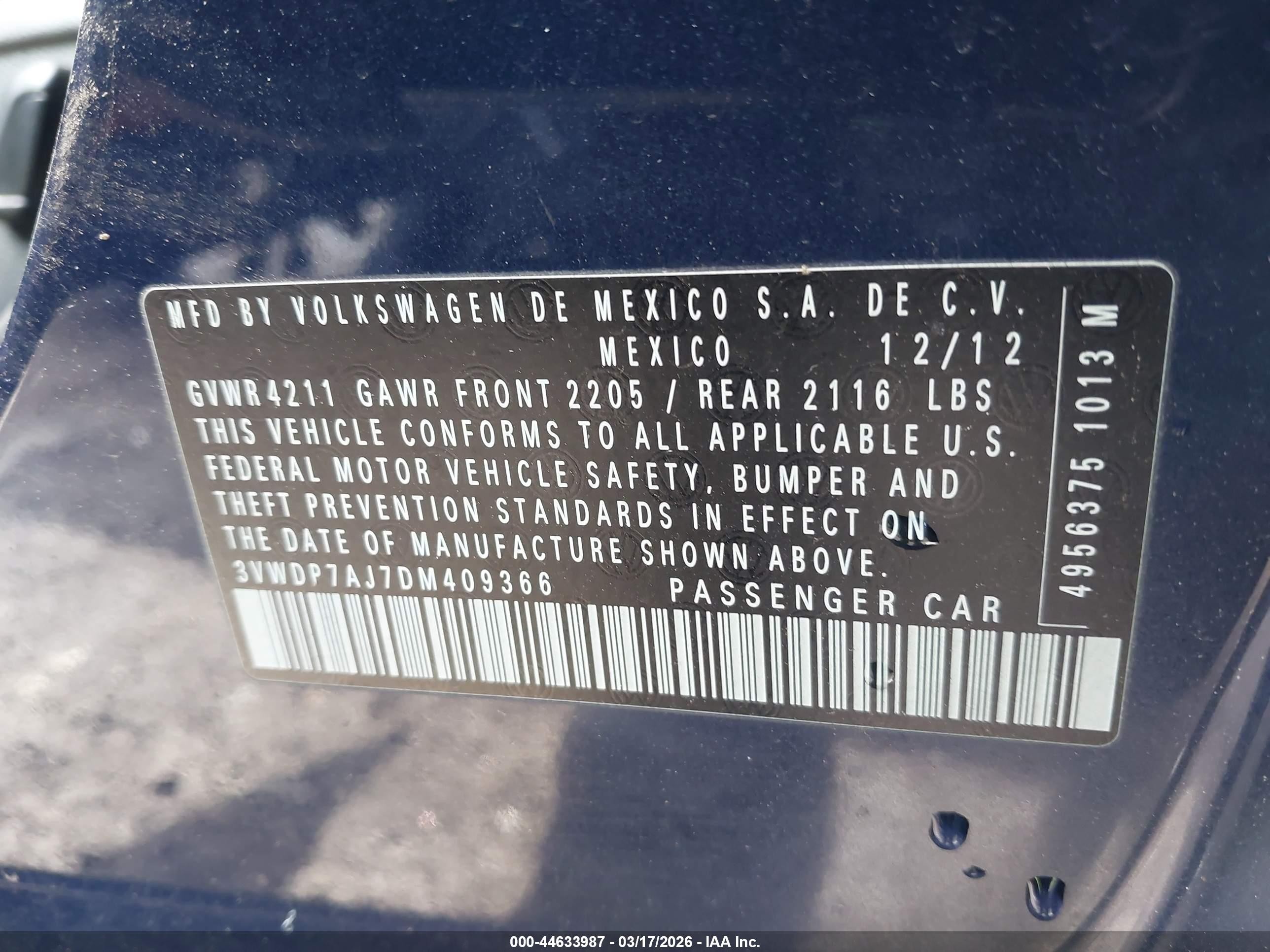2013 Volkswagen Jetta 2.5l Se Blue vin: 3VWDP7AJ7DM409366