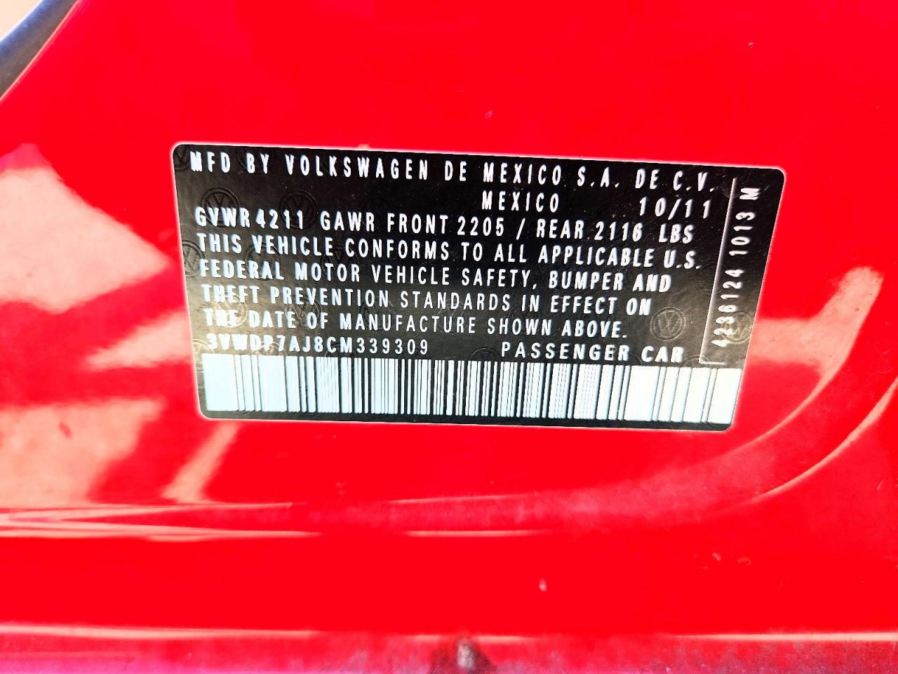 2012 Volkswagen Jetta Se Red vin: 3VWDP7AJ8CM339309