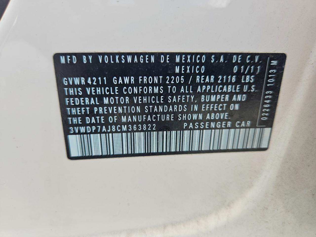2012 Volkswagen Jetta Se White vin: 3VWDP7AJ8CM363822