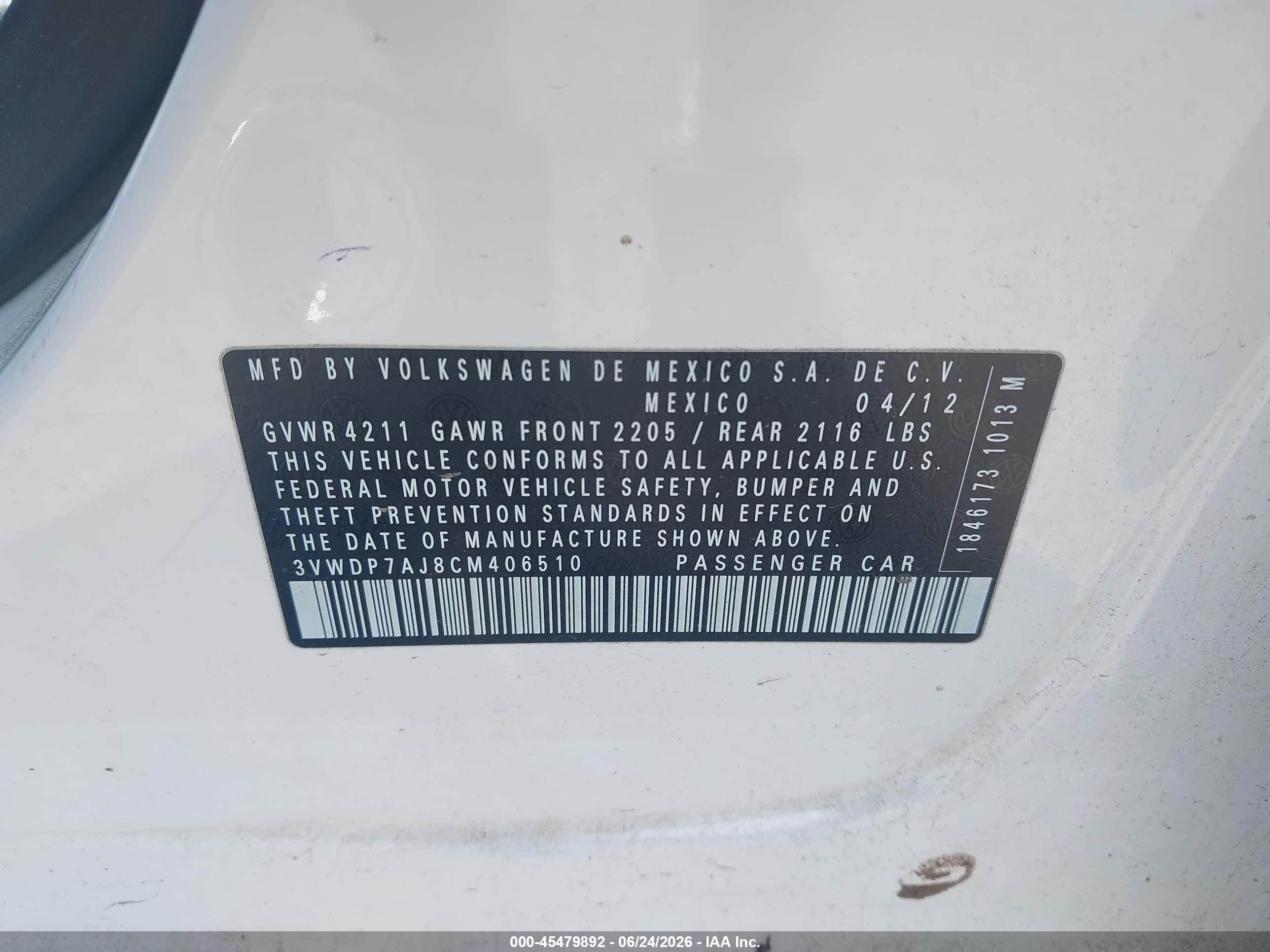 2012 Volkswagen Jetta 2.5l Se White vin: 3VWDP7AJ8CM406510