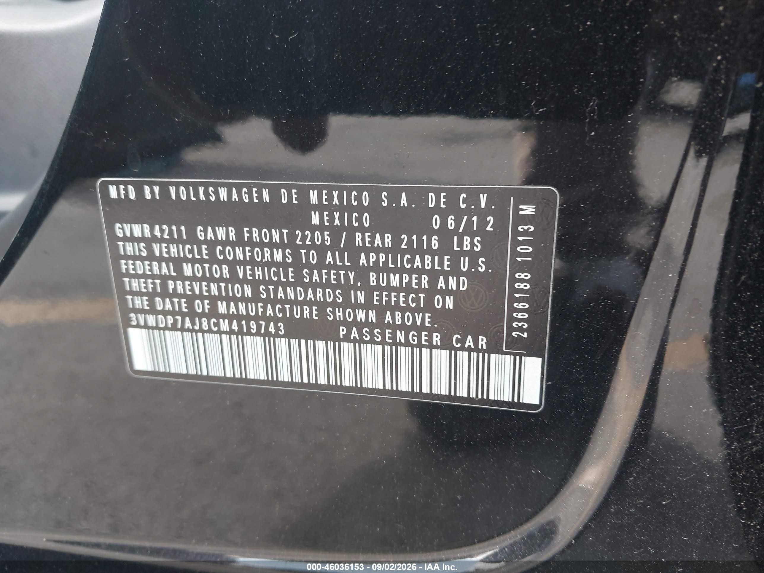 2012 Volkswagen Jetta 2.5l Se Black vin: 3VWDP7AJ8CM419743