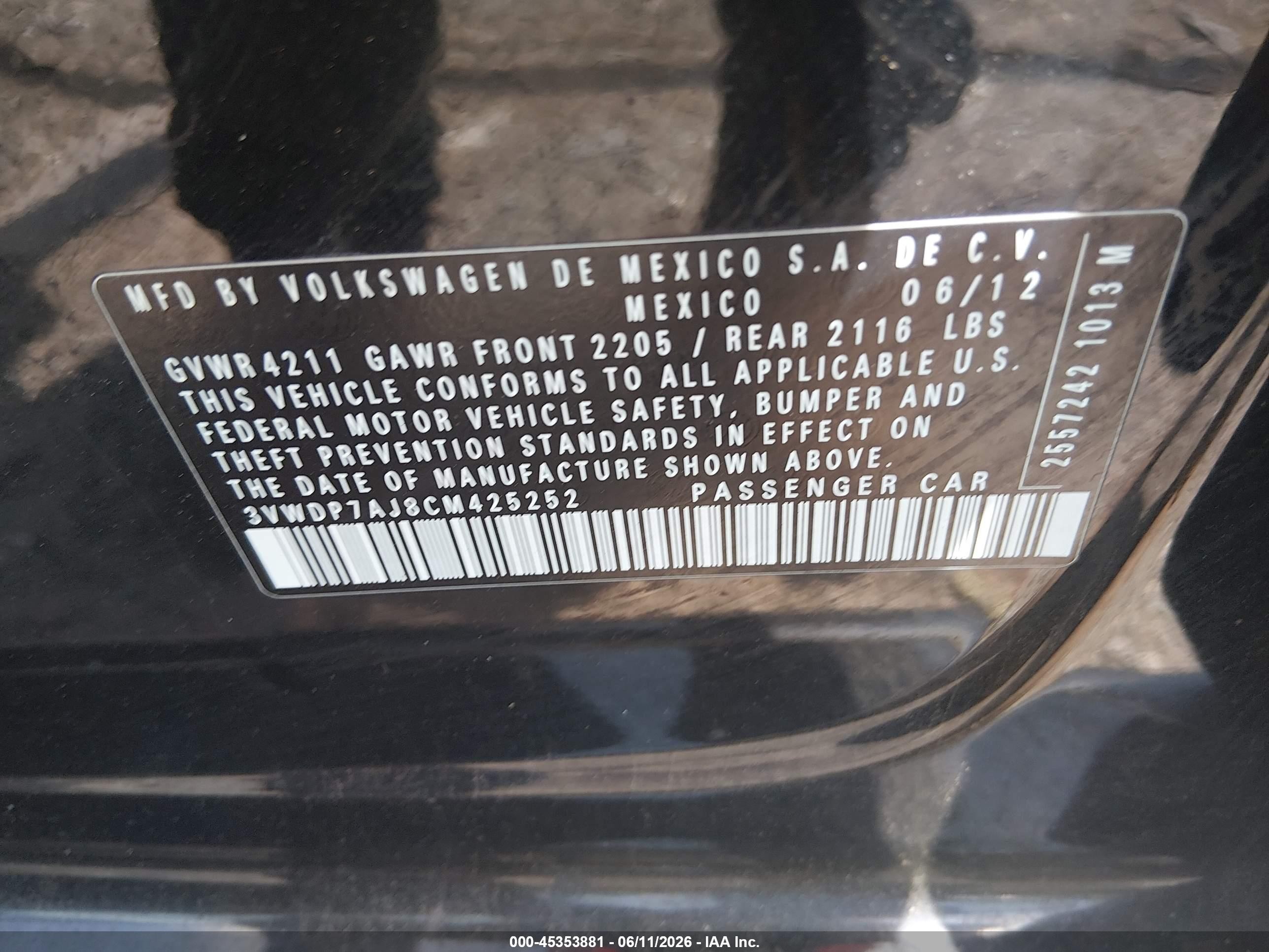 2012 Volkswagen Jetta 2.5l Se Black vin: 3VWDP7AJ8CM425252