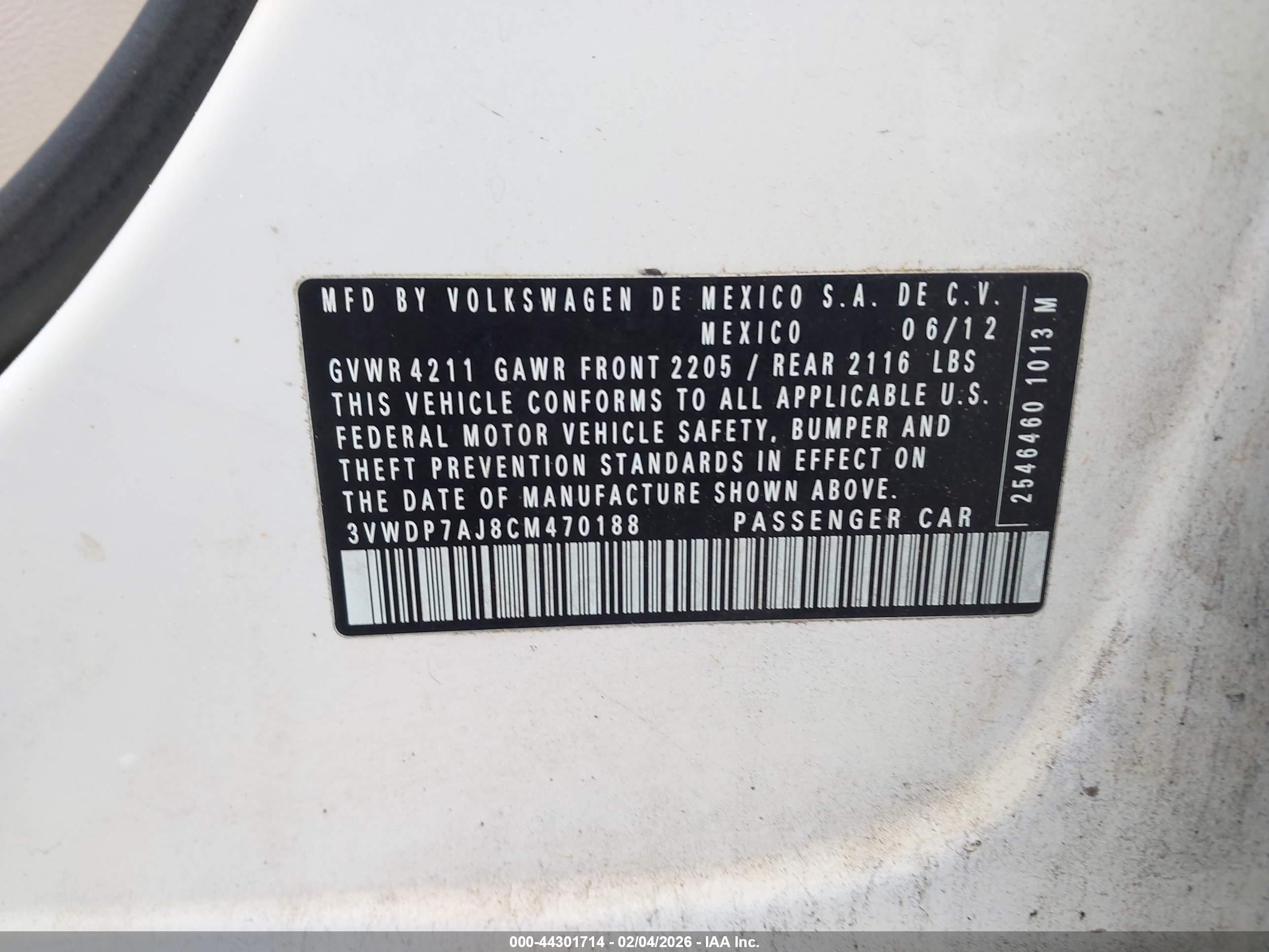 2012 Volkswagen Jetta 2.5l Se White vin: 3VWDP7AJ8CM470188