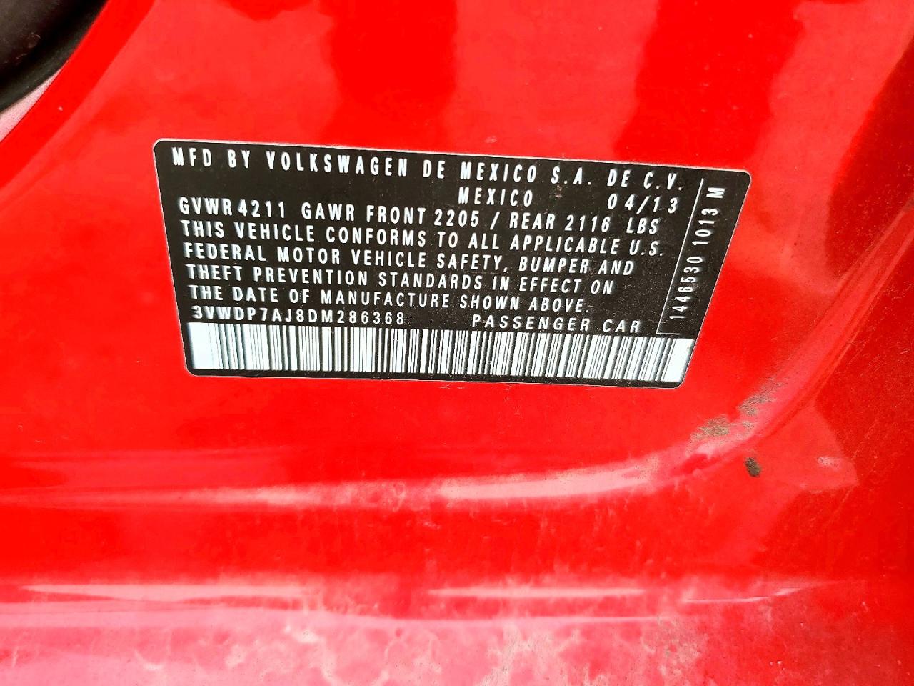 2013 Volkswagen Jetta Se Red vin: 3VWDP7AJ8DM286368