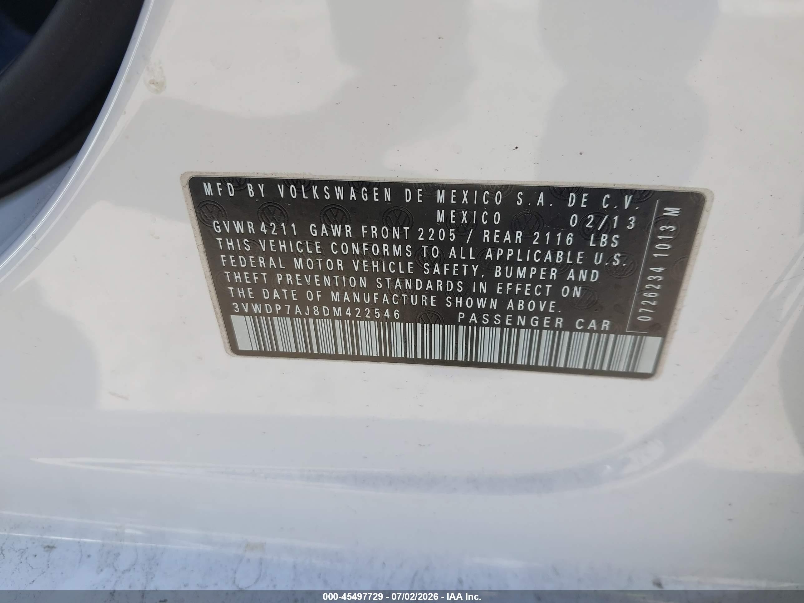 2013 Volkswagen Jetta 2.5l Se White vin: 3VWDP7AJ8DM422546