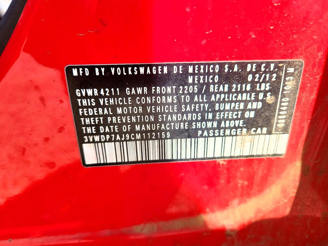 2012 Volkswagen Jetta Se Red vin: 3VWDP7AJ9CM112159