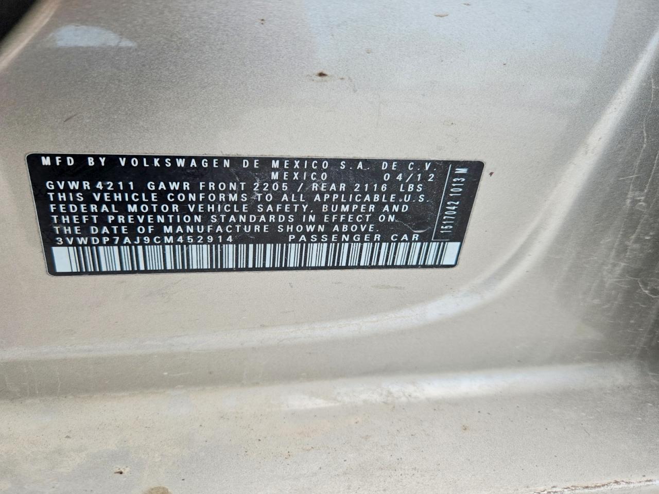 2012 Volkswagen Jetta Se Gold vin: 3VWDP7AJ9CM452914