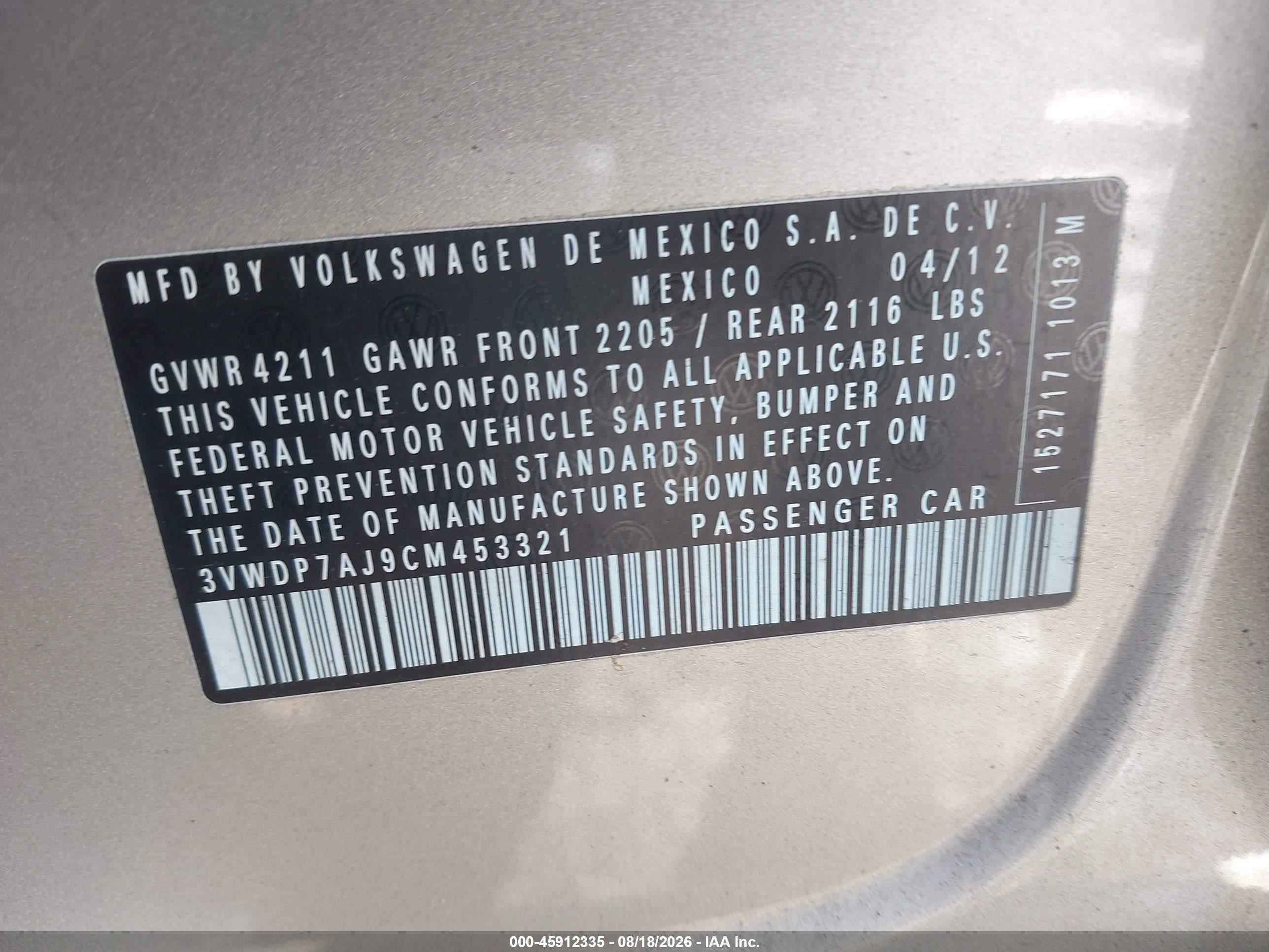 2012 Volkswagen Jetta 2.5l Se Gold vin: 3VWDP7AJ9CM453321