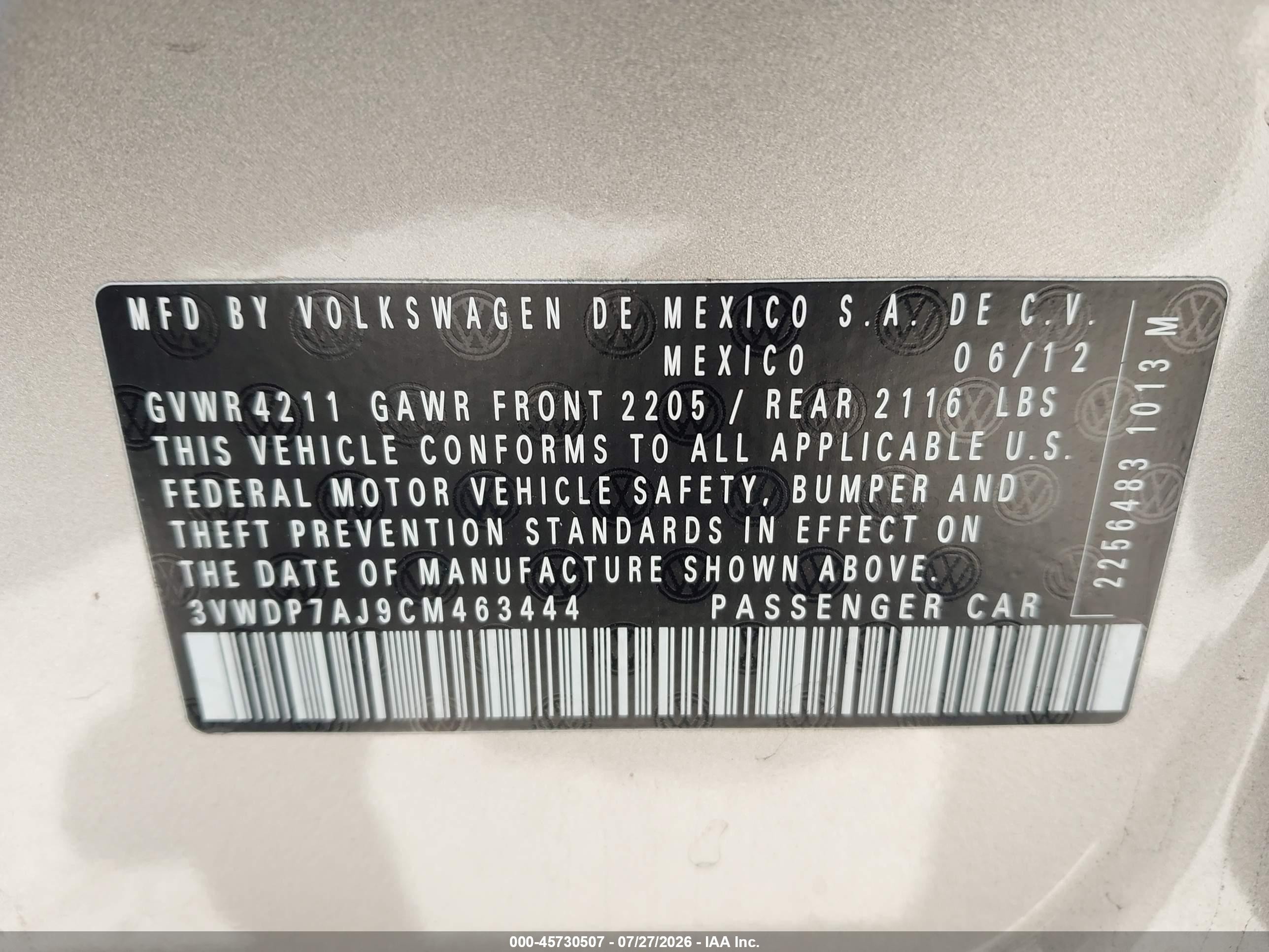 2012 Volkswagen Jetta 2.5l Se Gold vin: 3VWDP7AJ9CM463444
