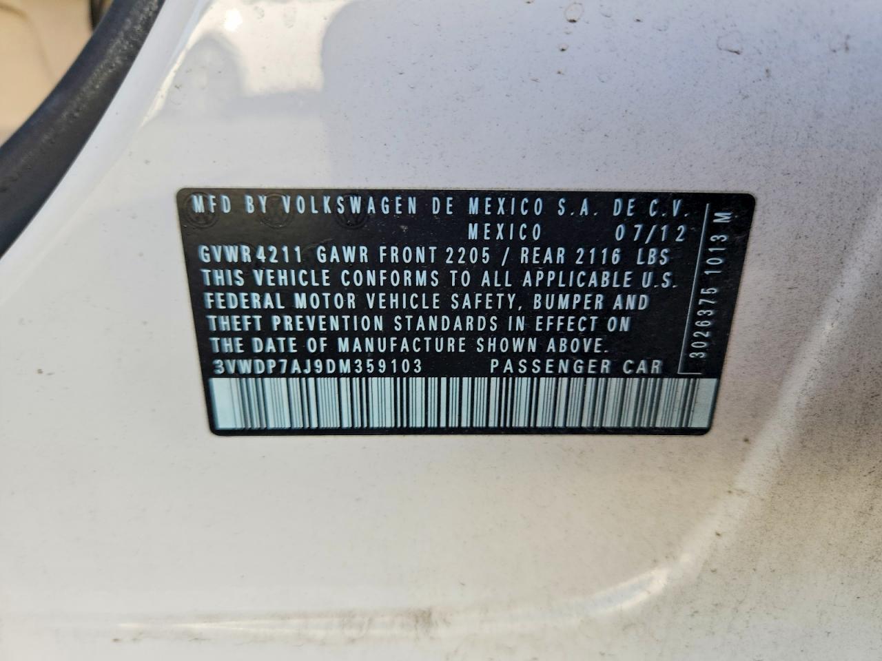 2013 Volkswagen Jetta Se White vin: 3VWDP7AJ9DM359103