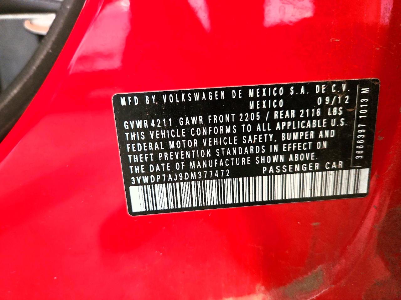 2013 Volkswagen Jetta Se Red vin: 3VWDP7AJ9DM377472