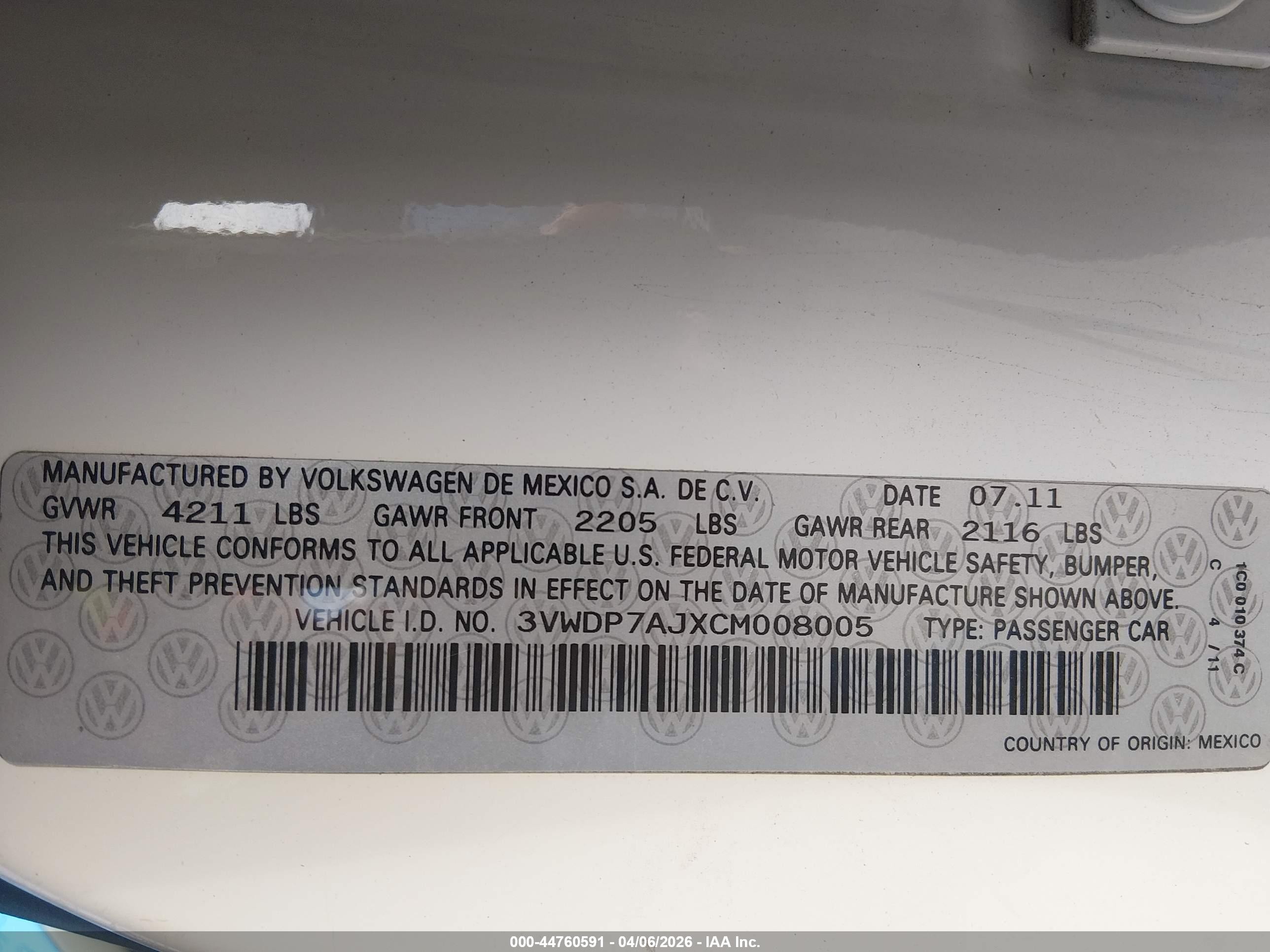 2012 Volkswagen Jetta 2.5l Se White vin: 3VWDP7AJXCM008005