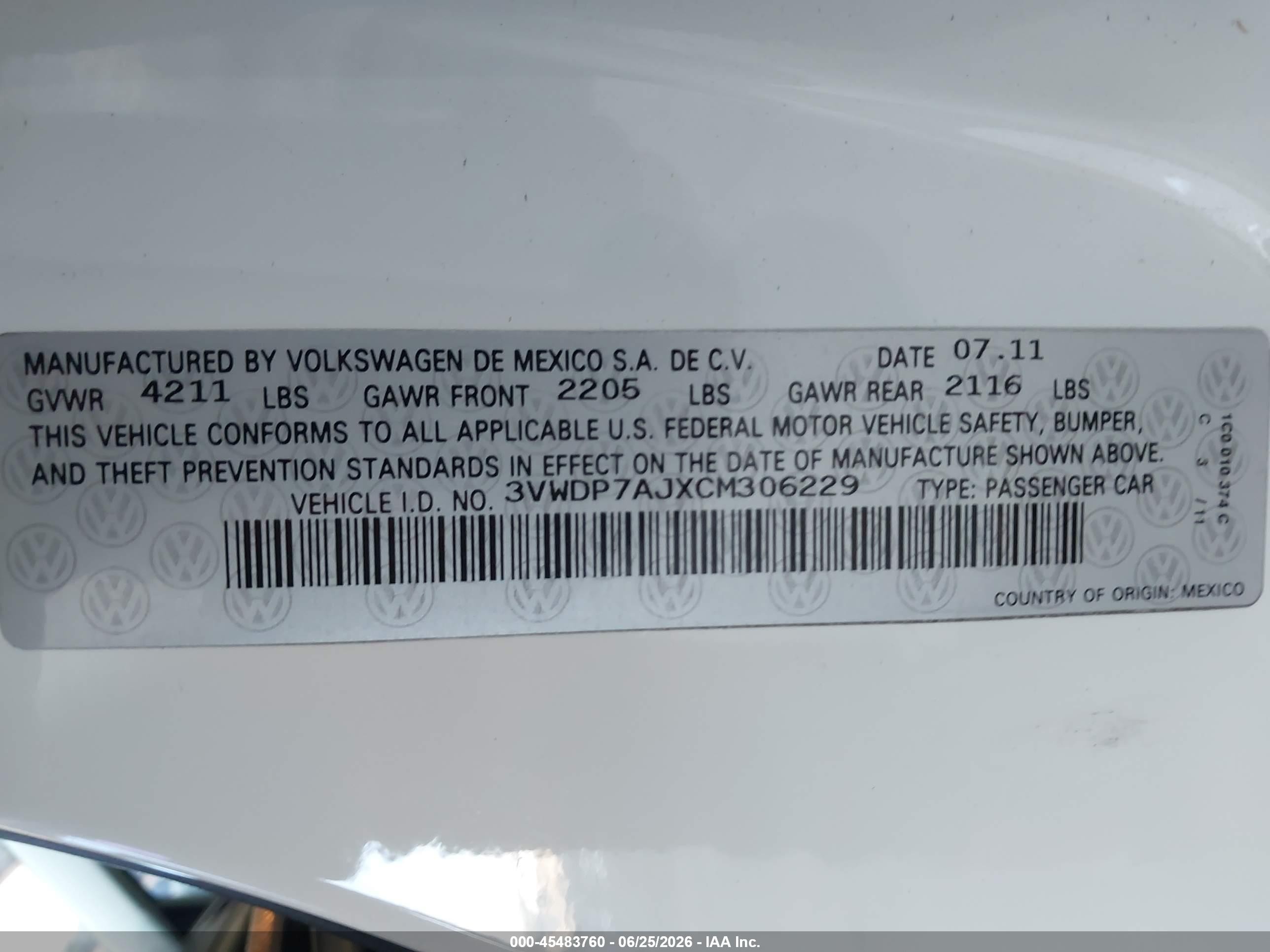 2012 Volkswagen Jetta 2.5l Se White vin: 3VWDP7AJXCM306229
