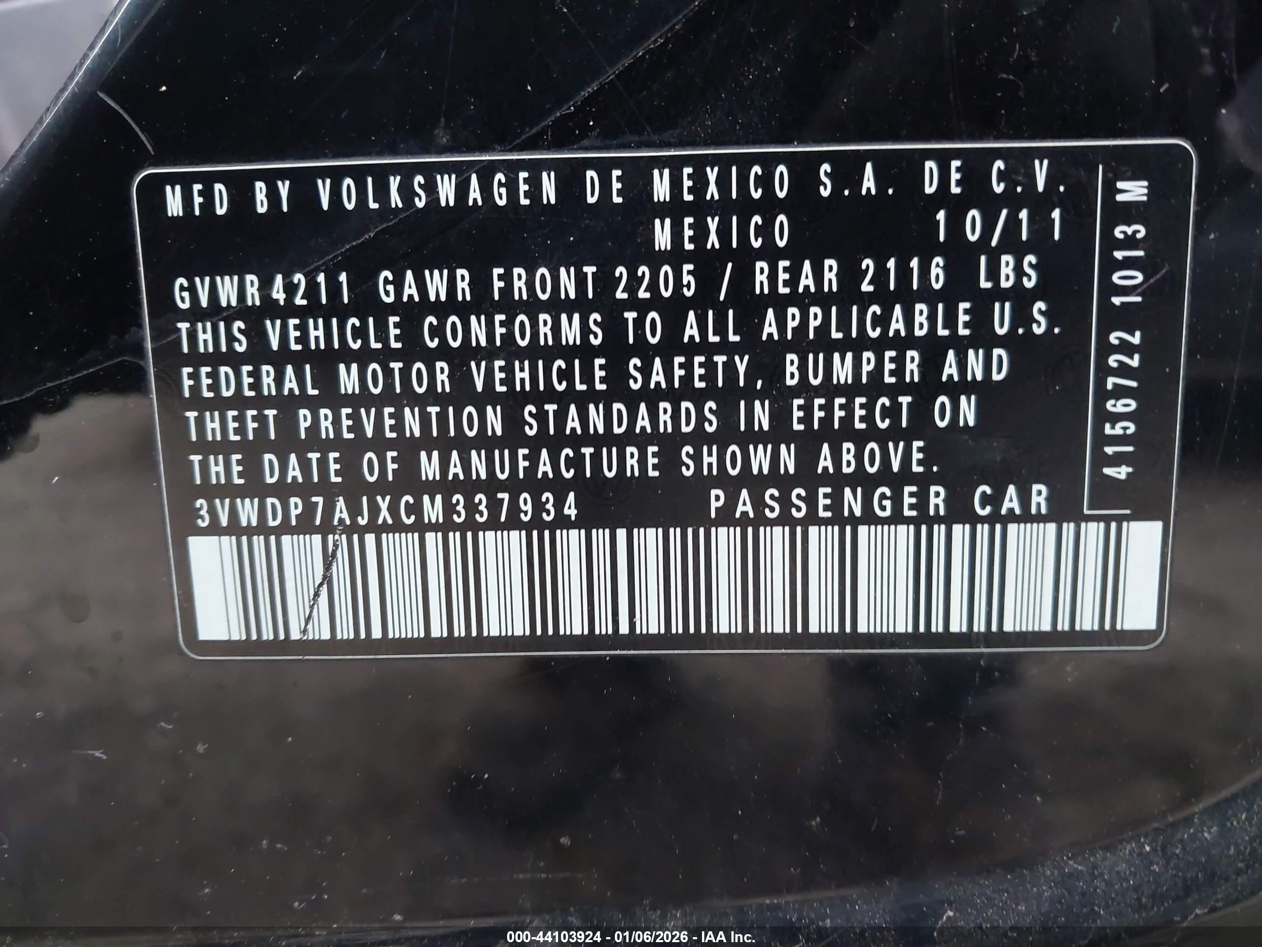 2012 Volkswagen Jetta 2.5l Se Black vin: 3VWDP7AJXCM337934