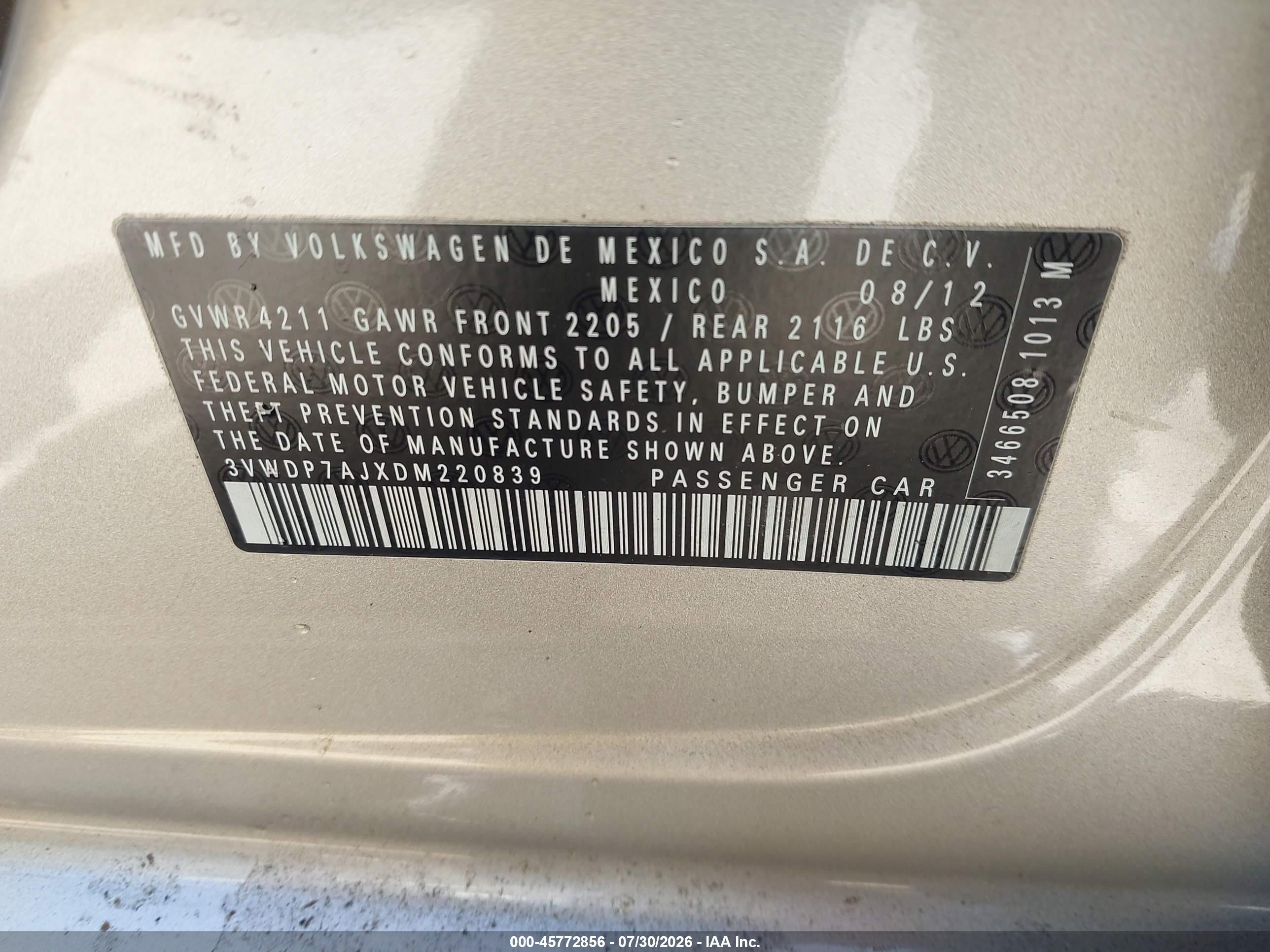2013 Volkswagen Jetta 2.5l Se Gold vin: 3VWDP7AJXDM220839
