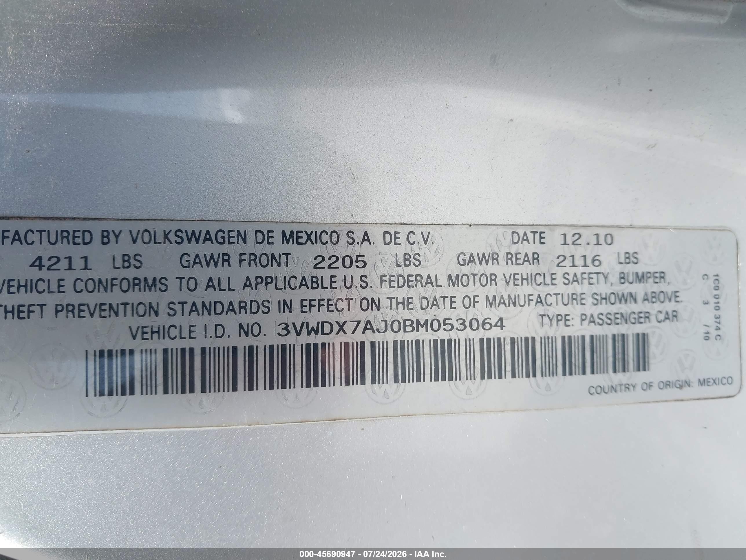 2011 Volkswagen Jetta 2.5l Se Серебряный vin: 3VWDX7AJ0BM053064