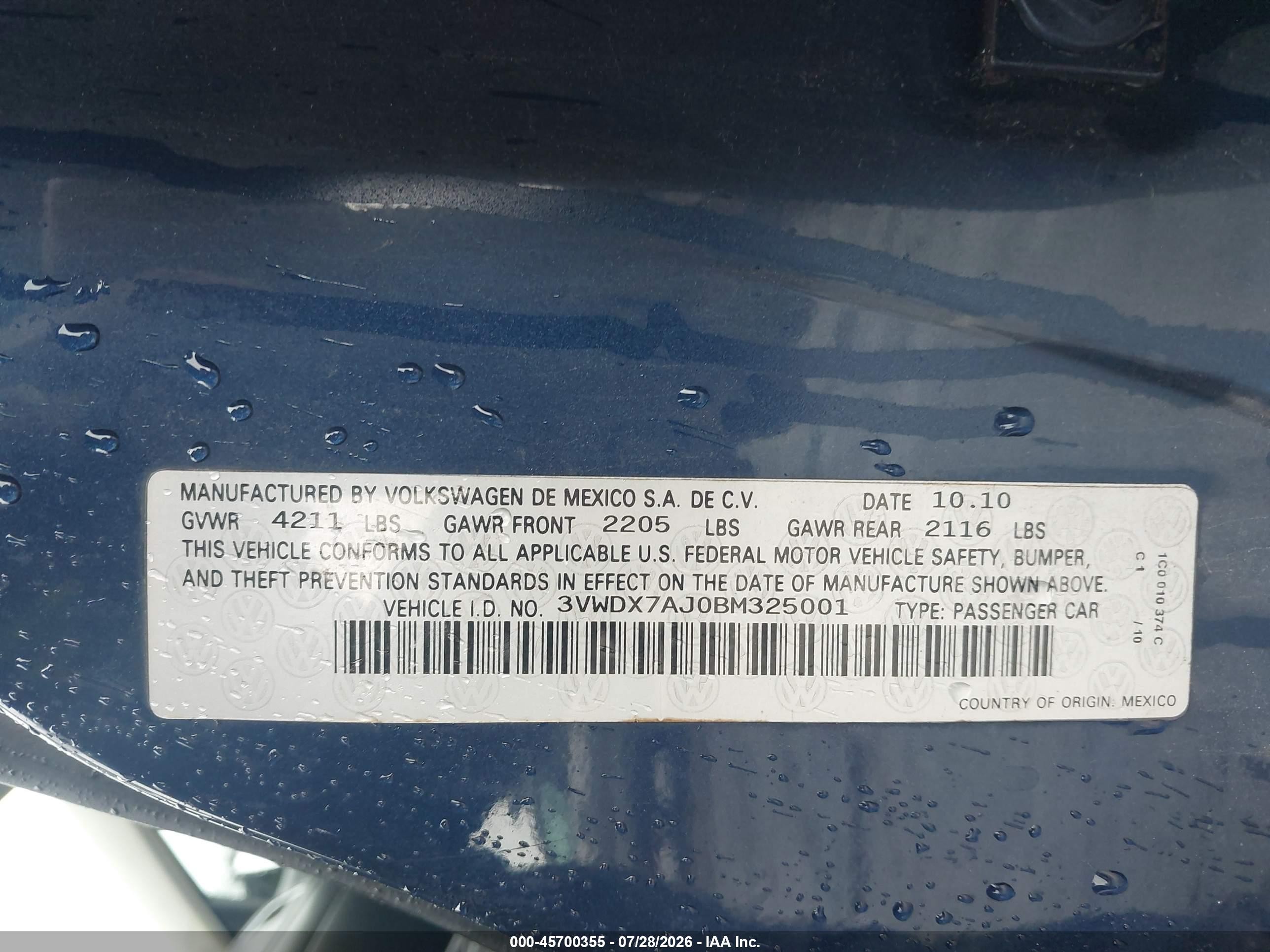 2011 Volkswagen Jetta 2.5l Se Blue vin: 3VWDX7AJ0BM325001