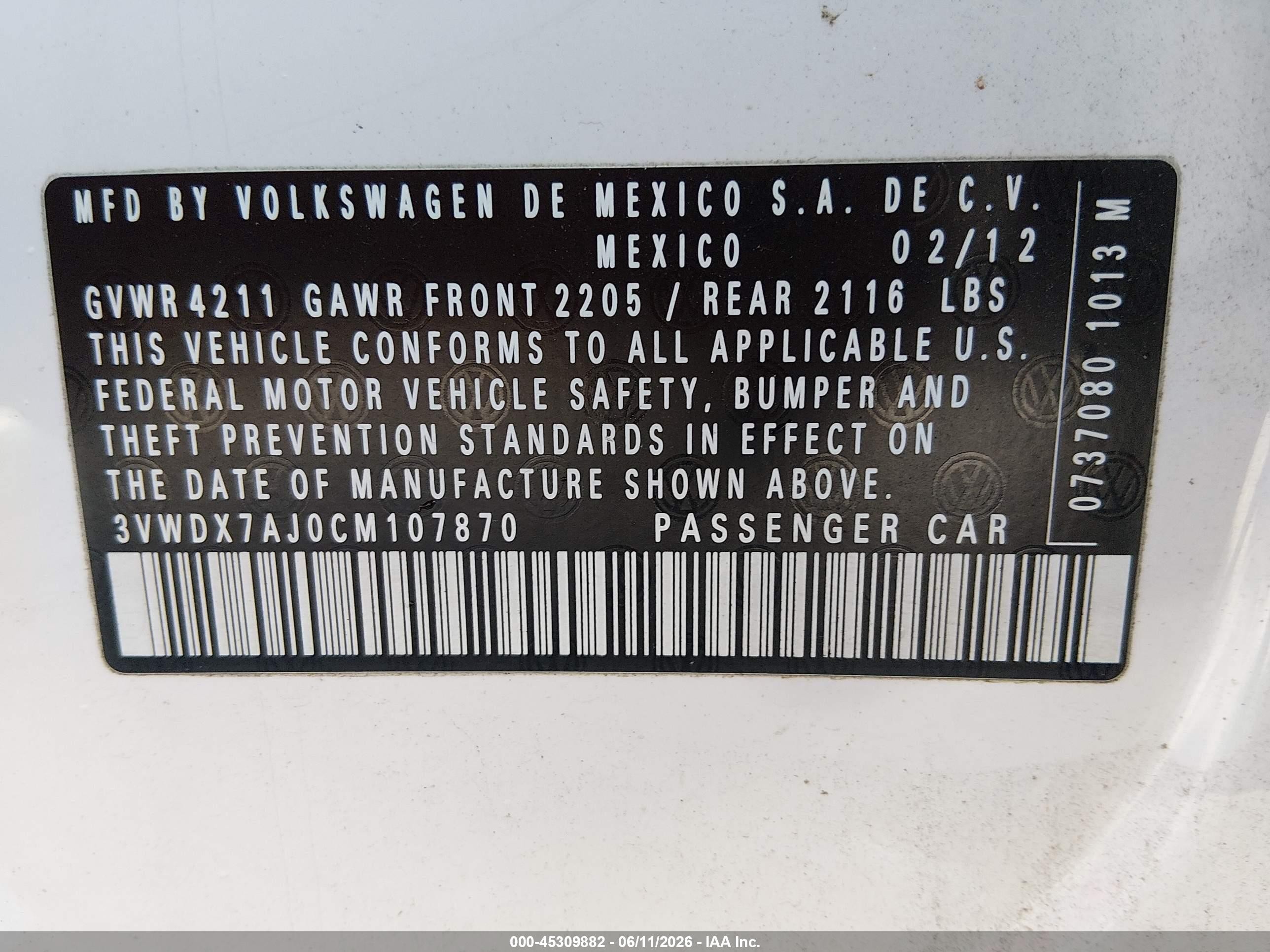 2012 Volkswagen Jetta 2.5l Se White vin: 3VWDX7AJ0CM107870
