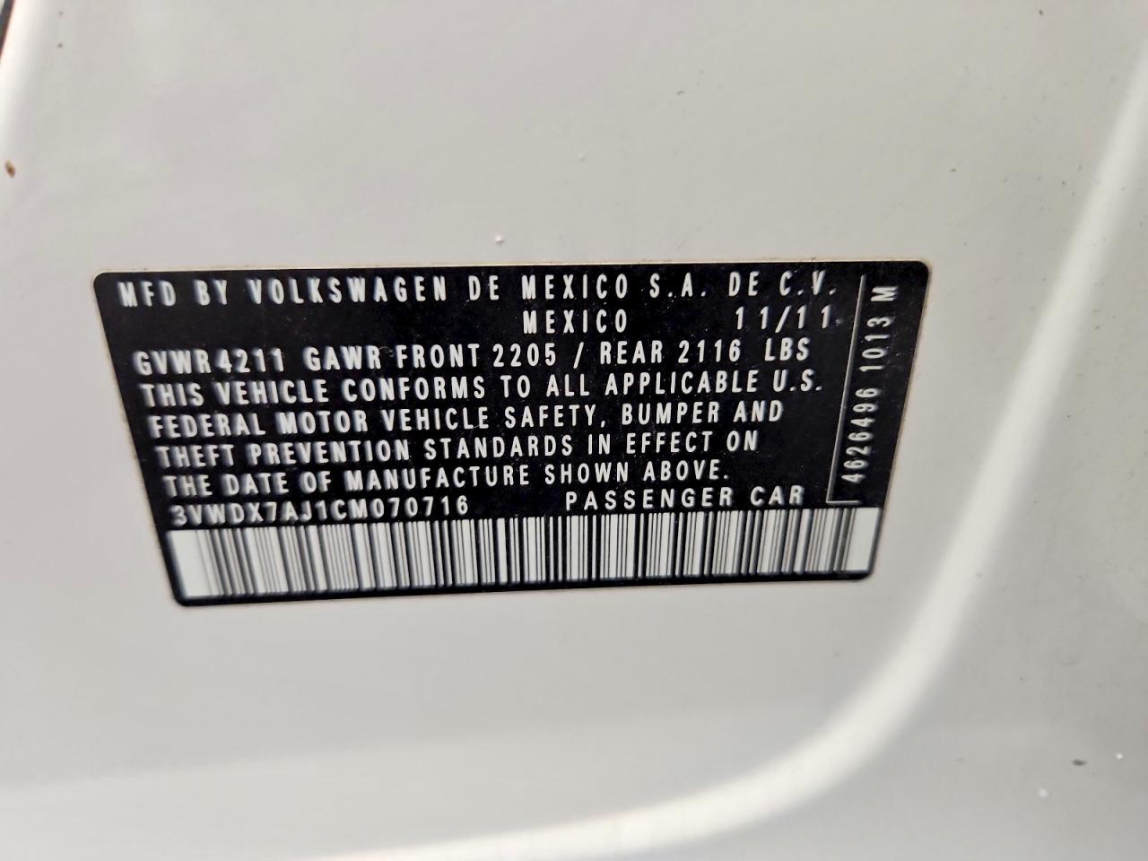 2012 Volkswagen Jetta Se White vin: 3VWDX7AJ1CM070716