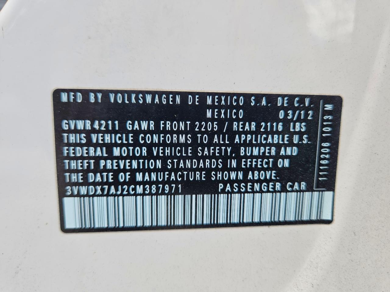 2012 Volkswagen Jetta Se White vin: 3VWDX7AJ2CM387971