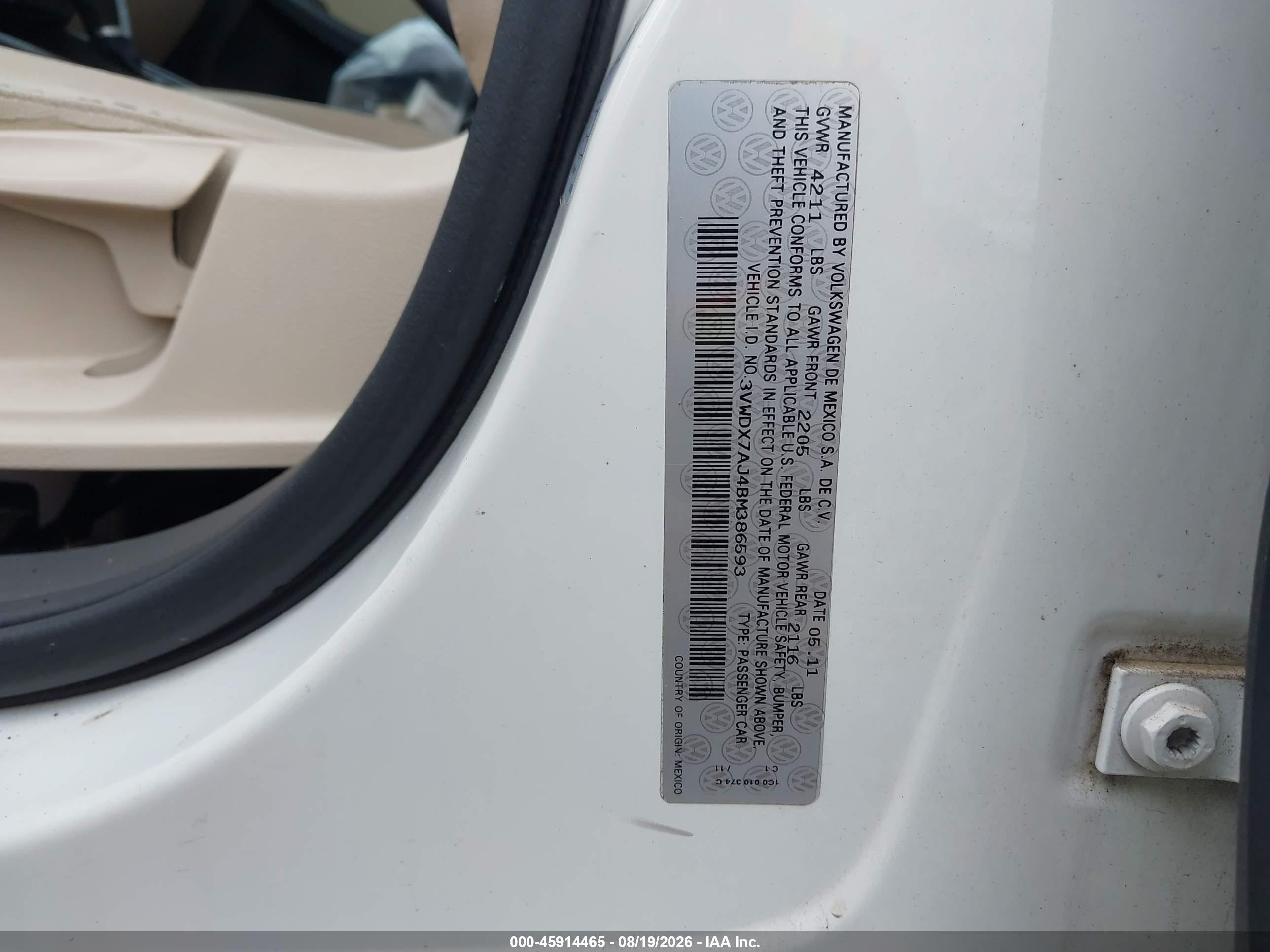 2011 Volkswagen Jetta 2.5l Se White vin: 3VWDX7AJ4BM386593