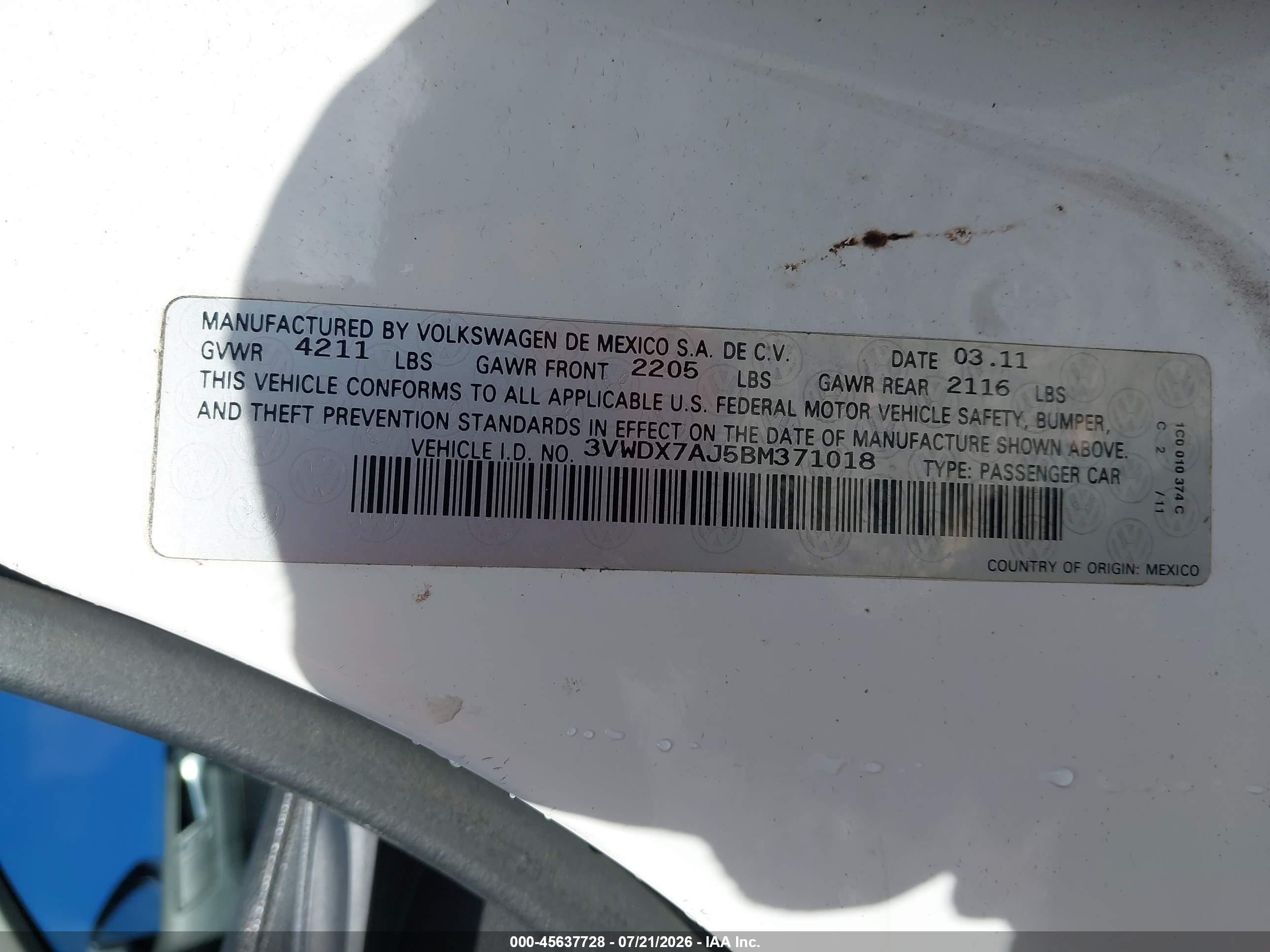 2011 Volkswagen Jetta 2.5l Se Белый vin: 3VWDX7AJ5BM371018