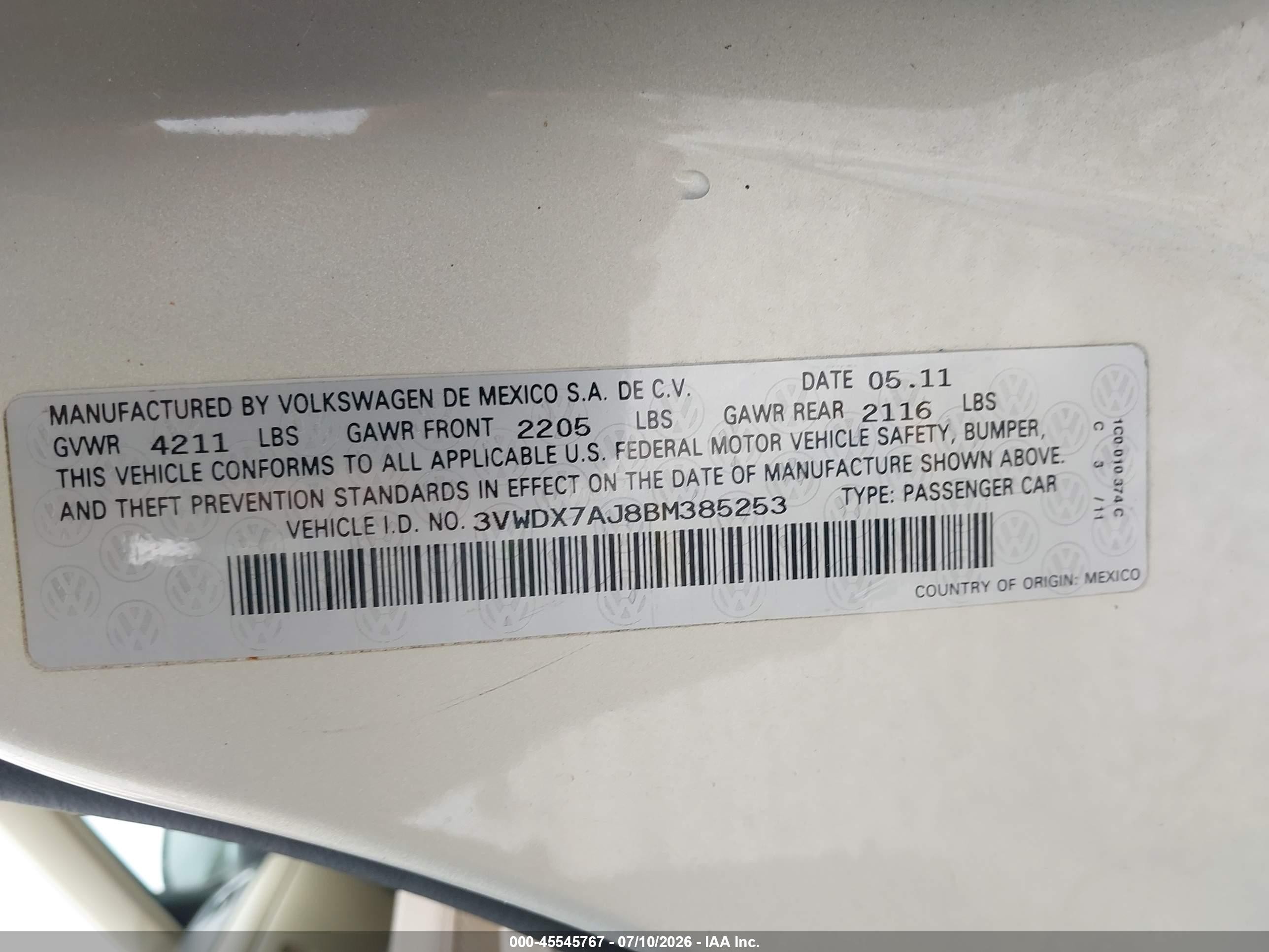 2011 Volkswagen Jetta 2.5l Se Gold vin: 3VWDX7AJ8BM385253