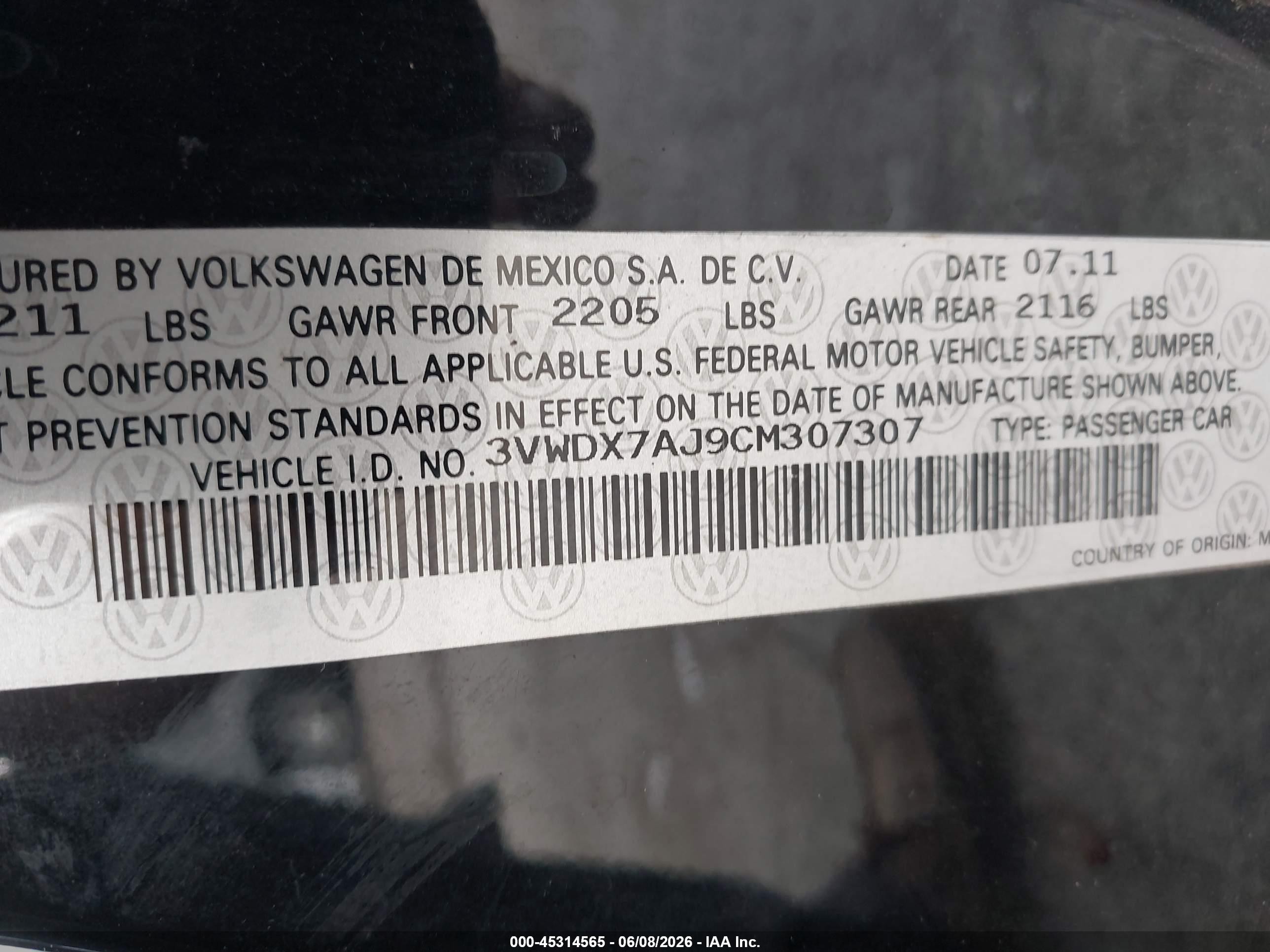 2012 Volkswagen Jetta 2.5l Se Black vin: 3VWDX7AJ9CM307307
