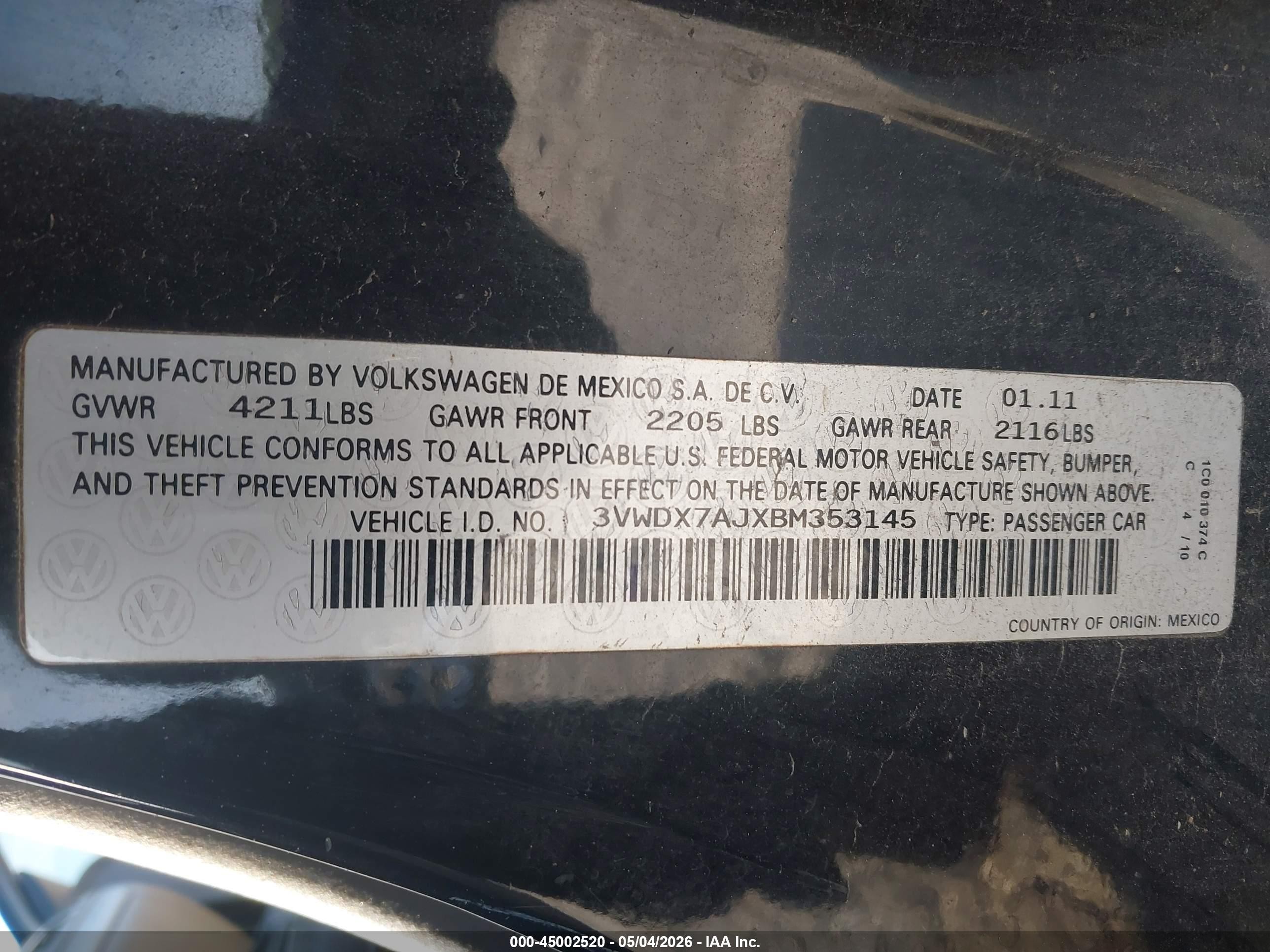2011 Volkswagen Jetta 2.5l Se Black vin: 3VWDX7AJXBM353145
