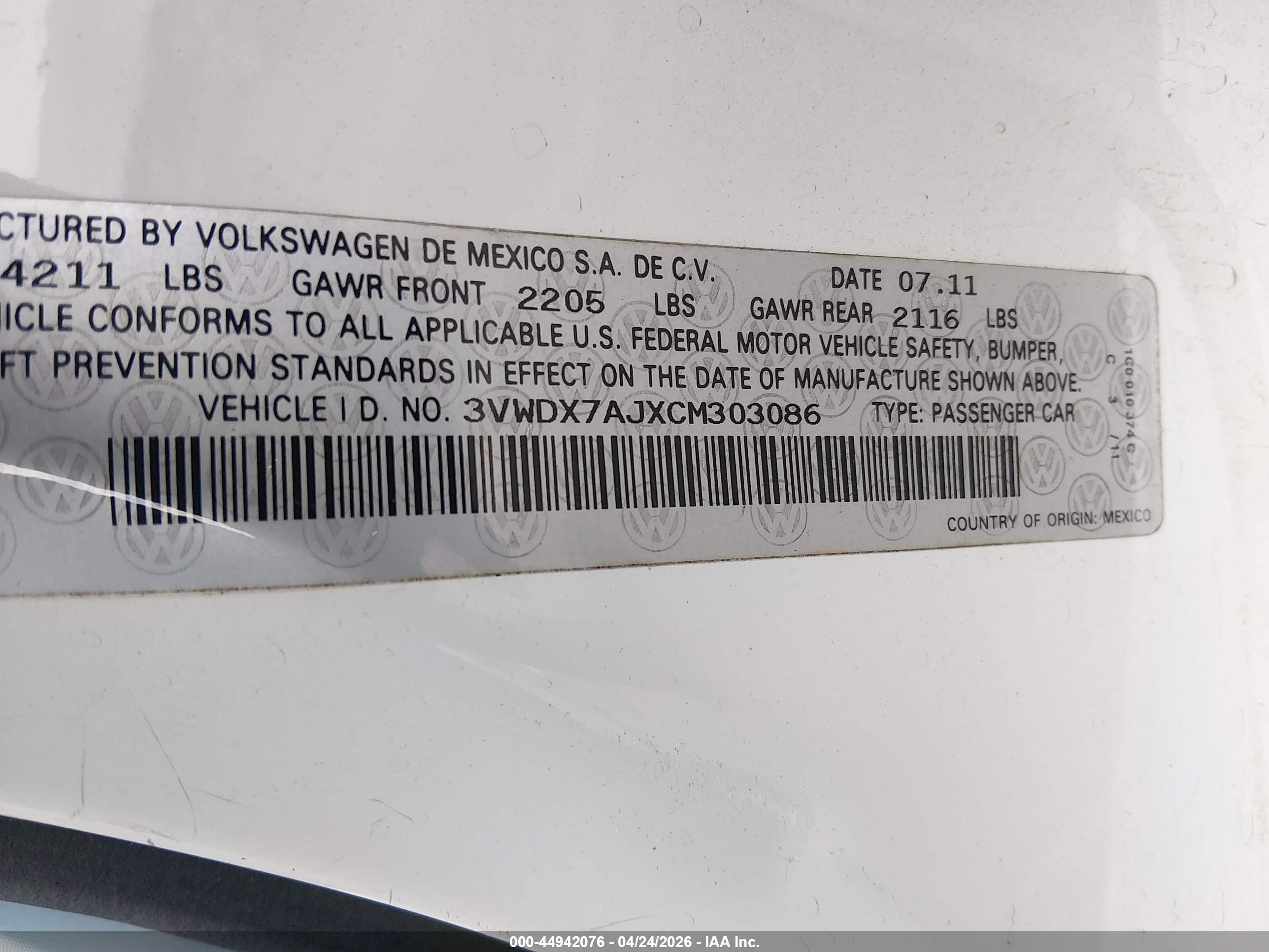 2012 Volkswagen Jetta 2.5l Se White vin: 3VWDX7AJXCM303086
