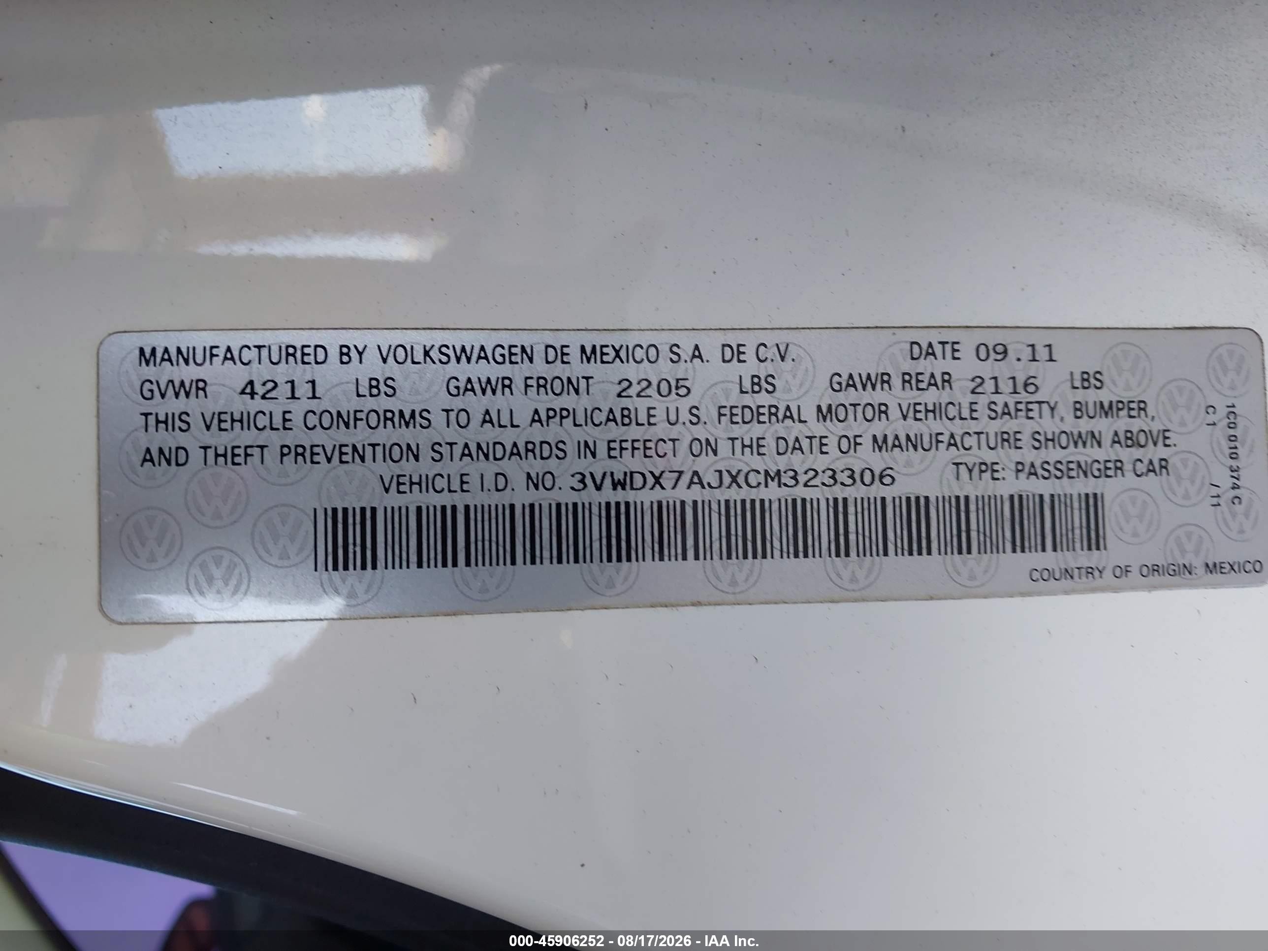 2012 Volkswagen Jetta 2.5l Se White vin: 3VWDX7AJXCM323306
