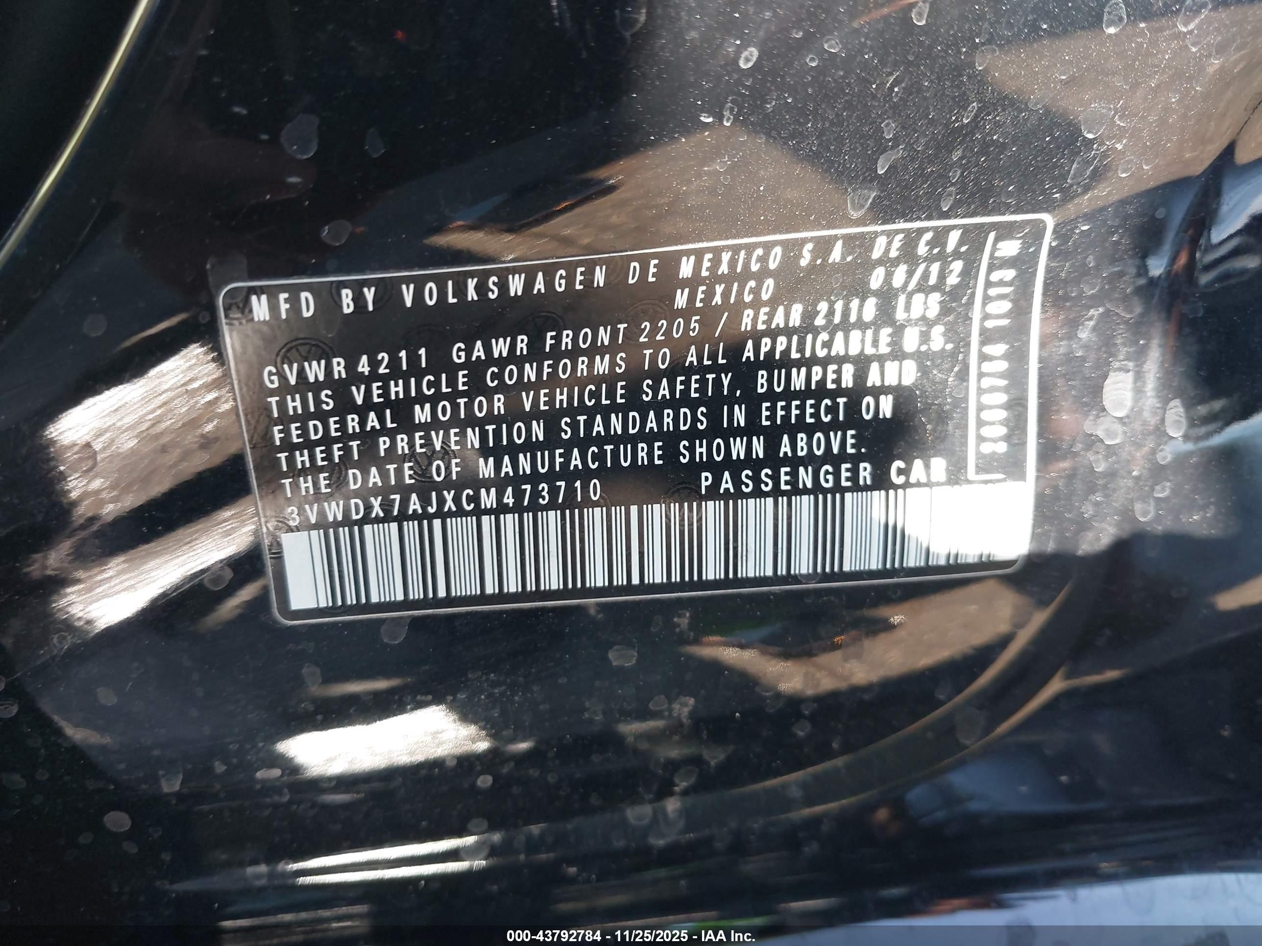 2012 Volkswagen Jetta 2.5l Se Black vin: 3VWDX7AJXCM473710