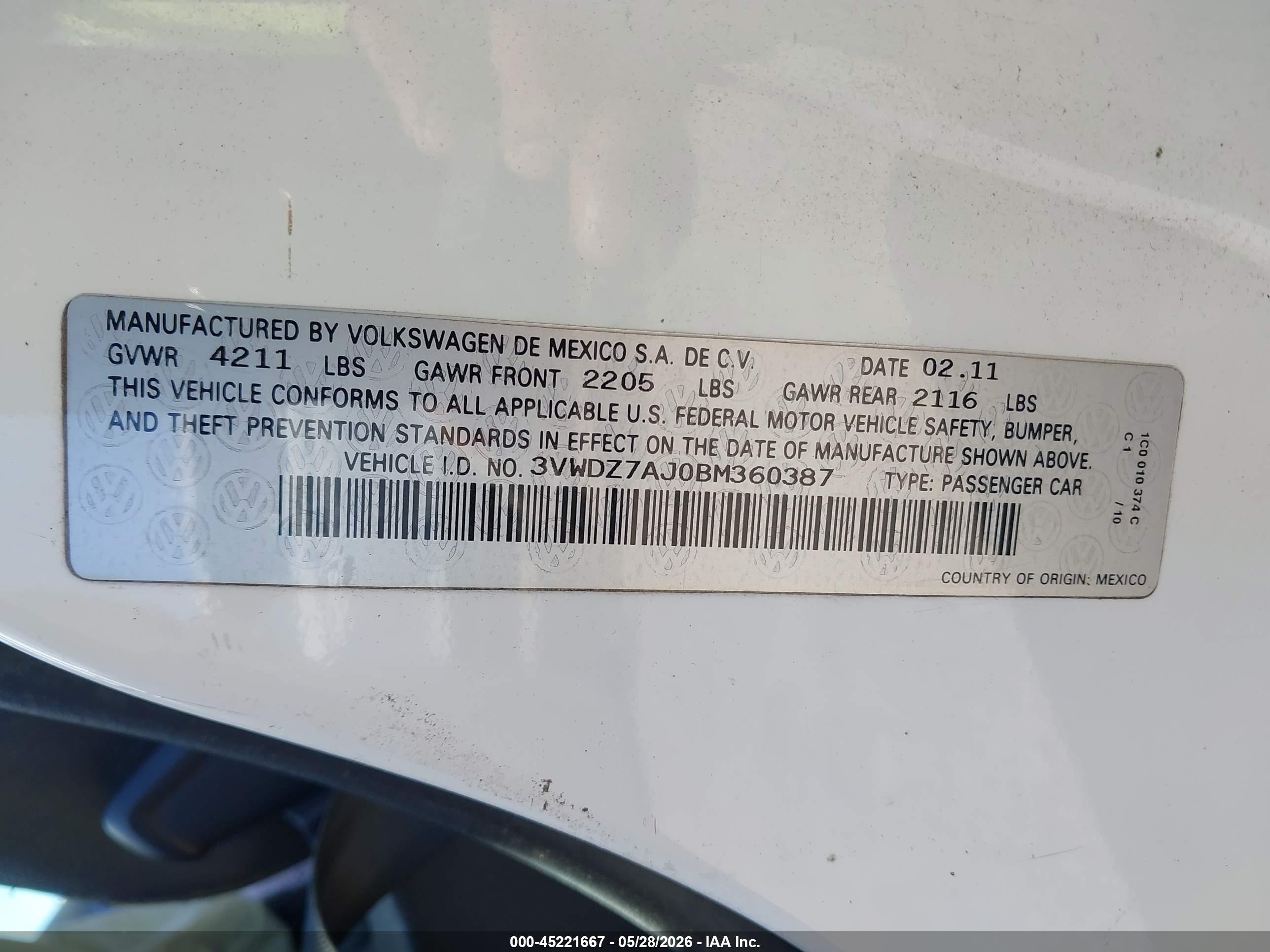 2011 Volkswagen Jetta 2.5l Se White vin: 3VWDZ7AJ0BM360387