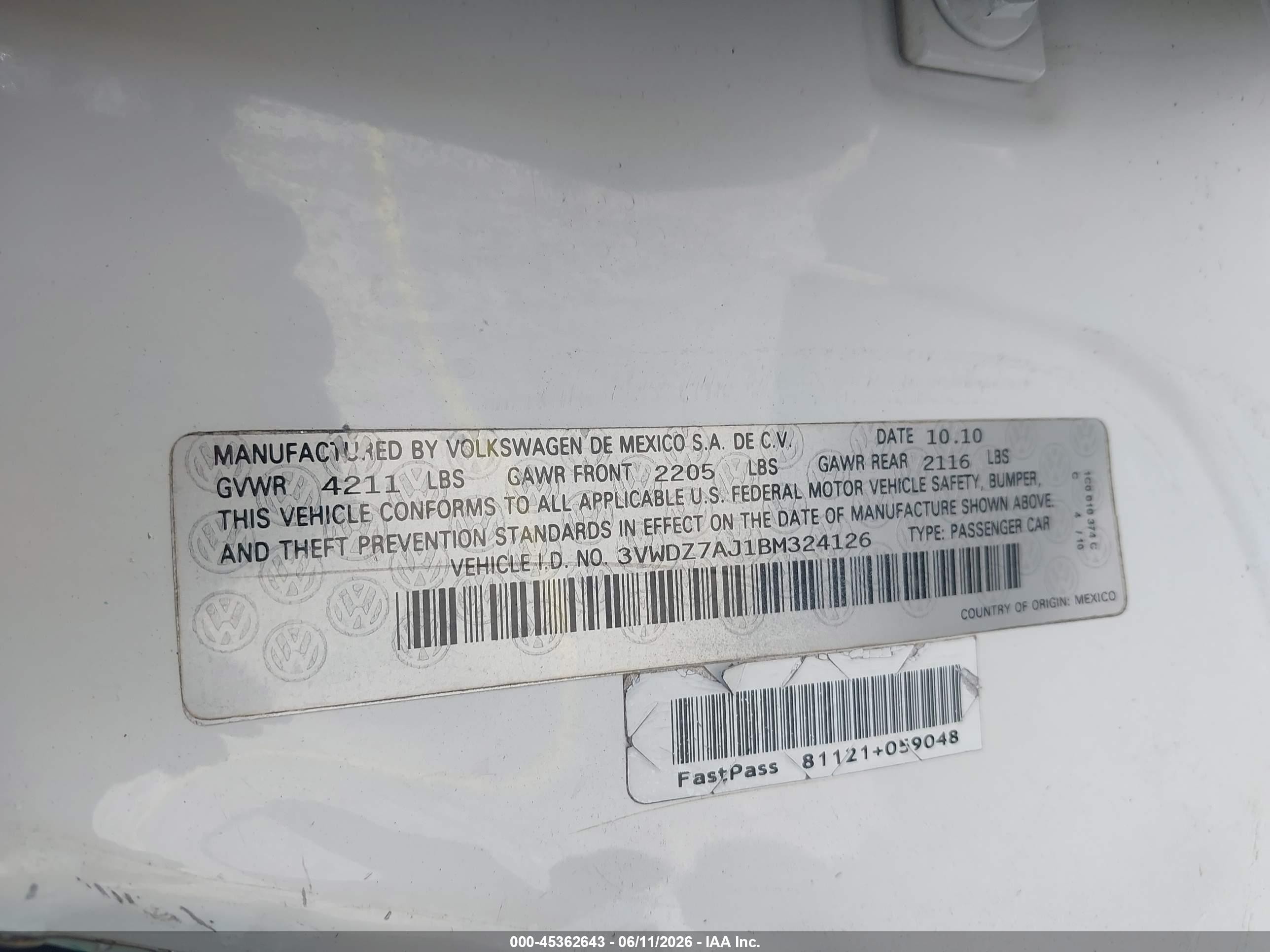 2011 Volkswagen Jetta 2.5l Se White vin: 3VWDZ7AJ1BM324126