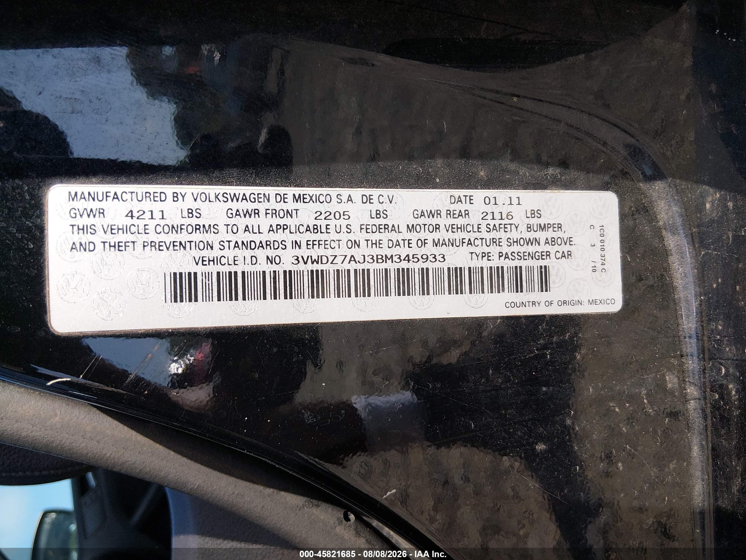 2011 Volkswagen Jetta 2.5l Se Черный vin: 3VWDZ7AJ3BM345933
