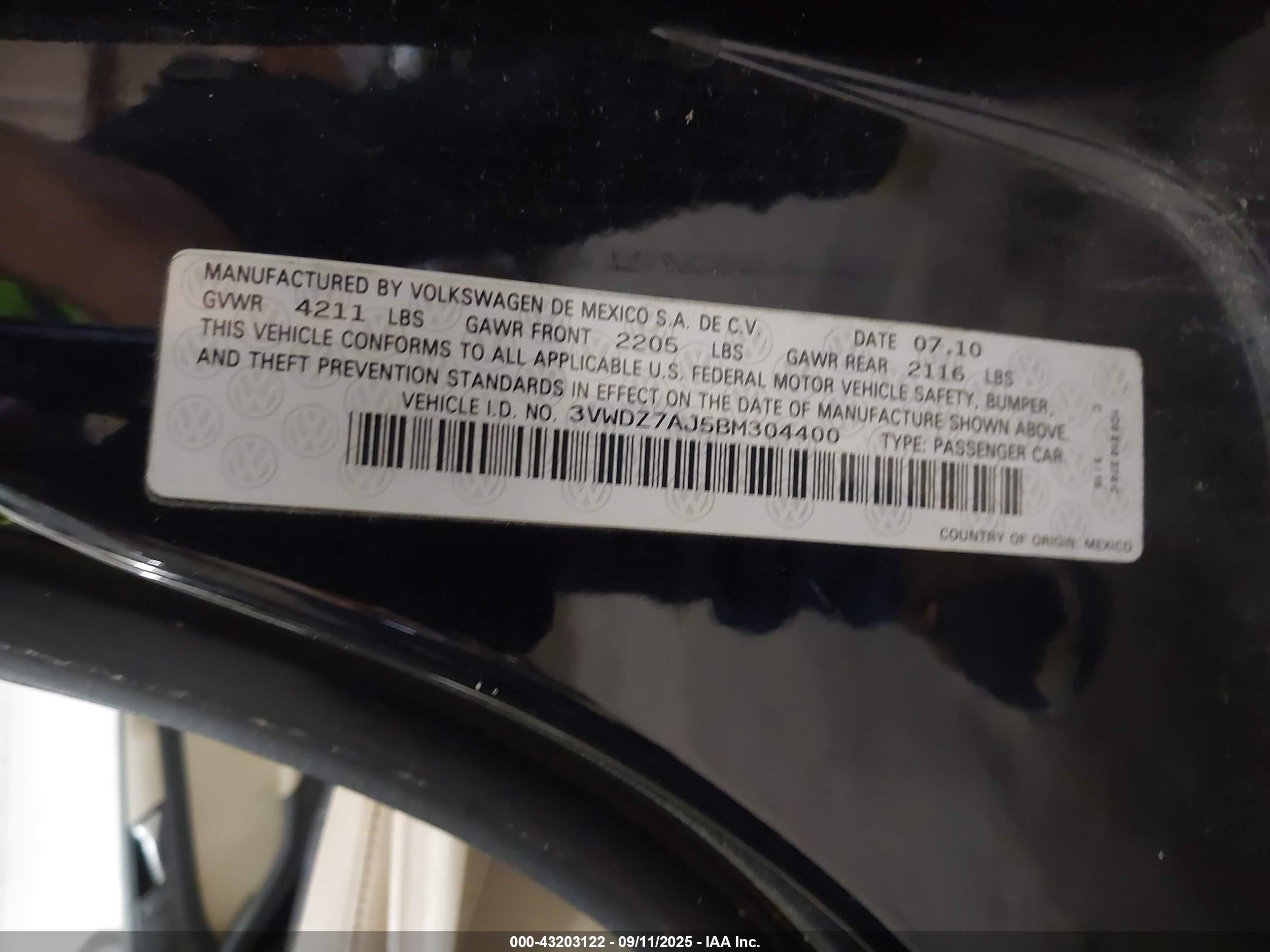 2011 Volkswagen Jetta 2.5l Se Черный vin: 3VWDZ7AJ5BM304400
