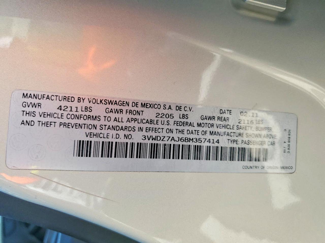 2011 Volkswagen Jetta Se Tan vin: 3VWDZ7AJ6BM357414