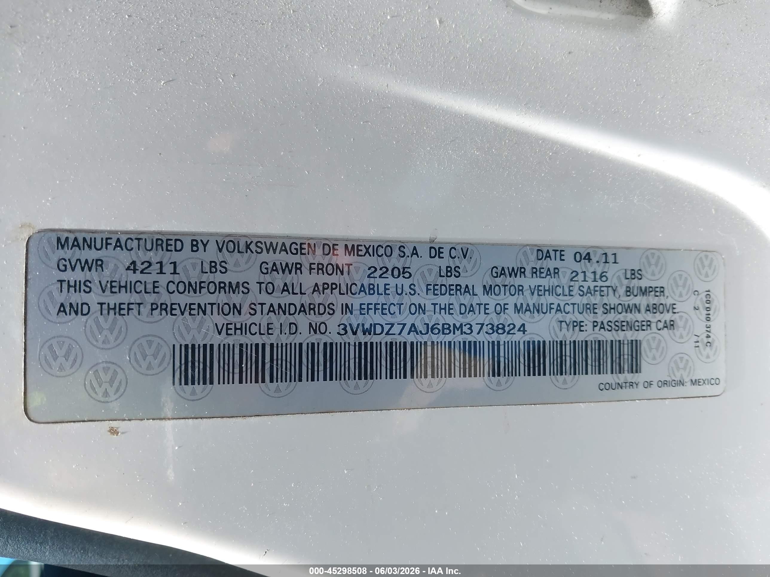 2011 Volkswagen Jetta 2.5l Se White vin: 3VWDZ7AJ6BM373824